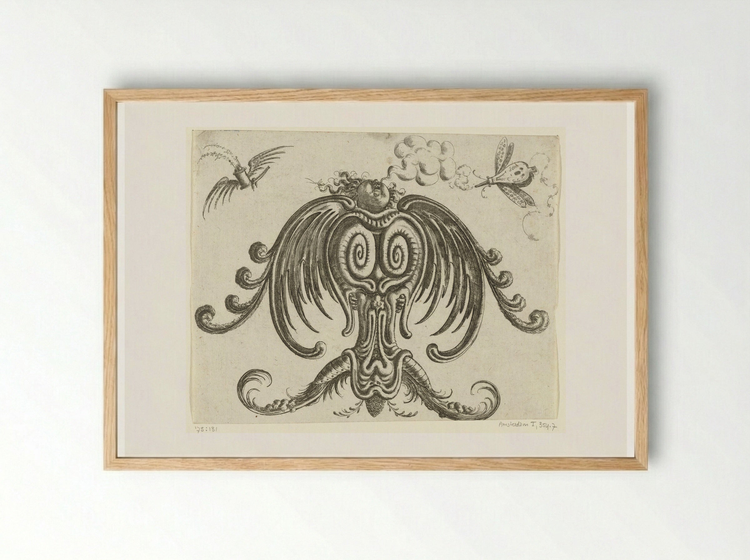 Grotesque Ornament with Looking-Up Angel - Christoph Jamnitzer - Framed Print Wood