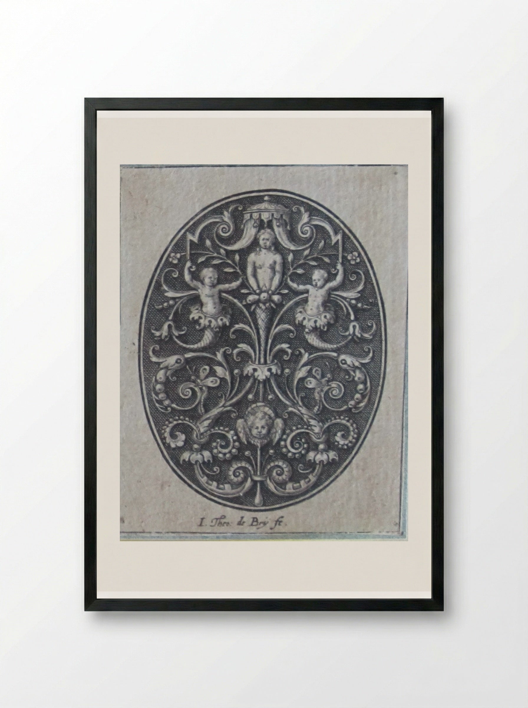 Grotesque with Female Torso Flanked by Putti Supporting a Canopy and Holding Blossoming Branches - Johann Theodor de Bry - Framed Print Black