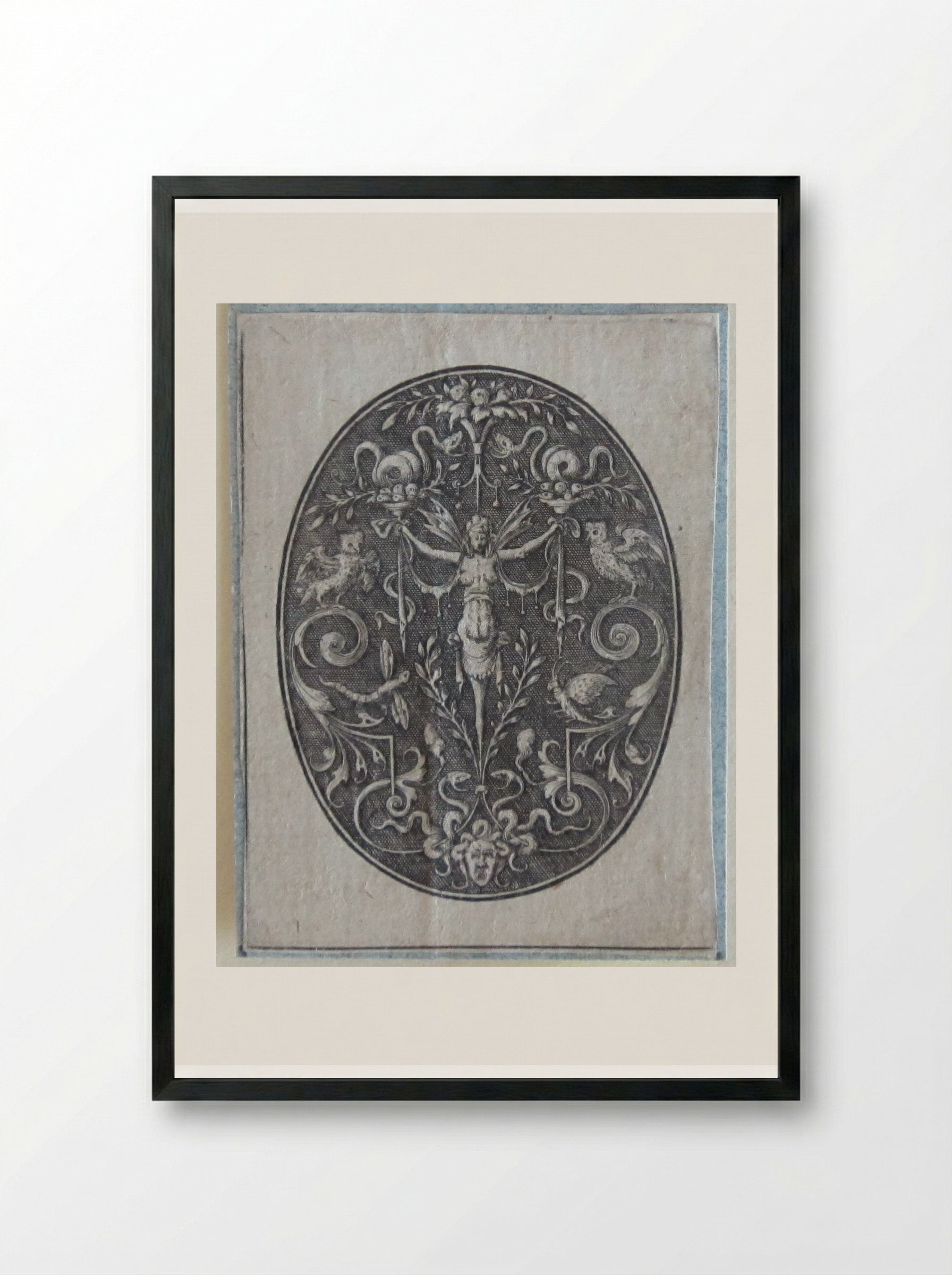 Grotesque with a Winged Female Torso Flanked by Owls - Johann Theodor de Bry - Framed Print Black