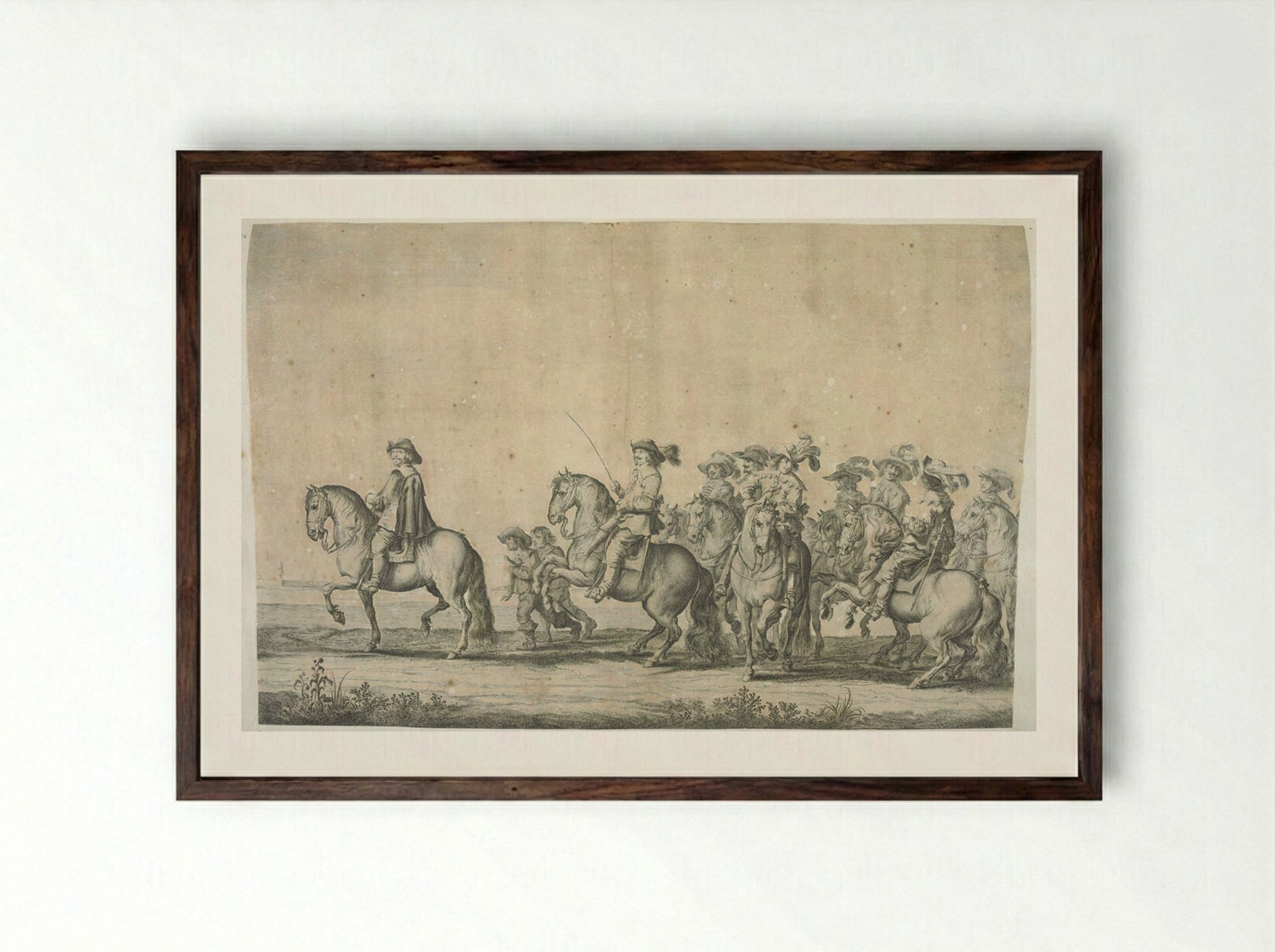 Group of Courtiers Led by Single Rider Separated from Ranks - Pieter Nolpe - Framed Print Dark Wood
