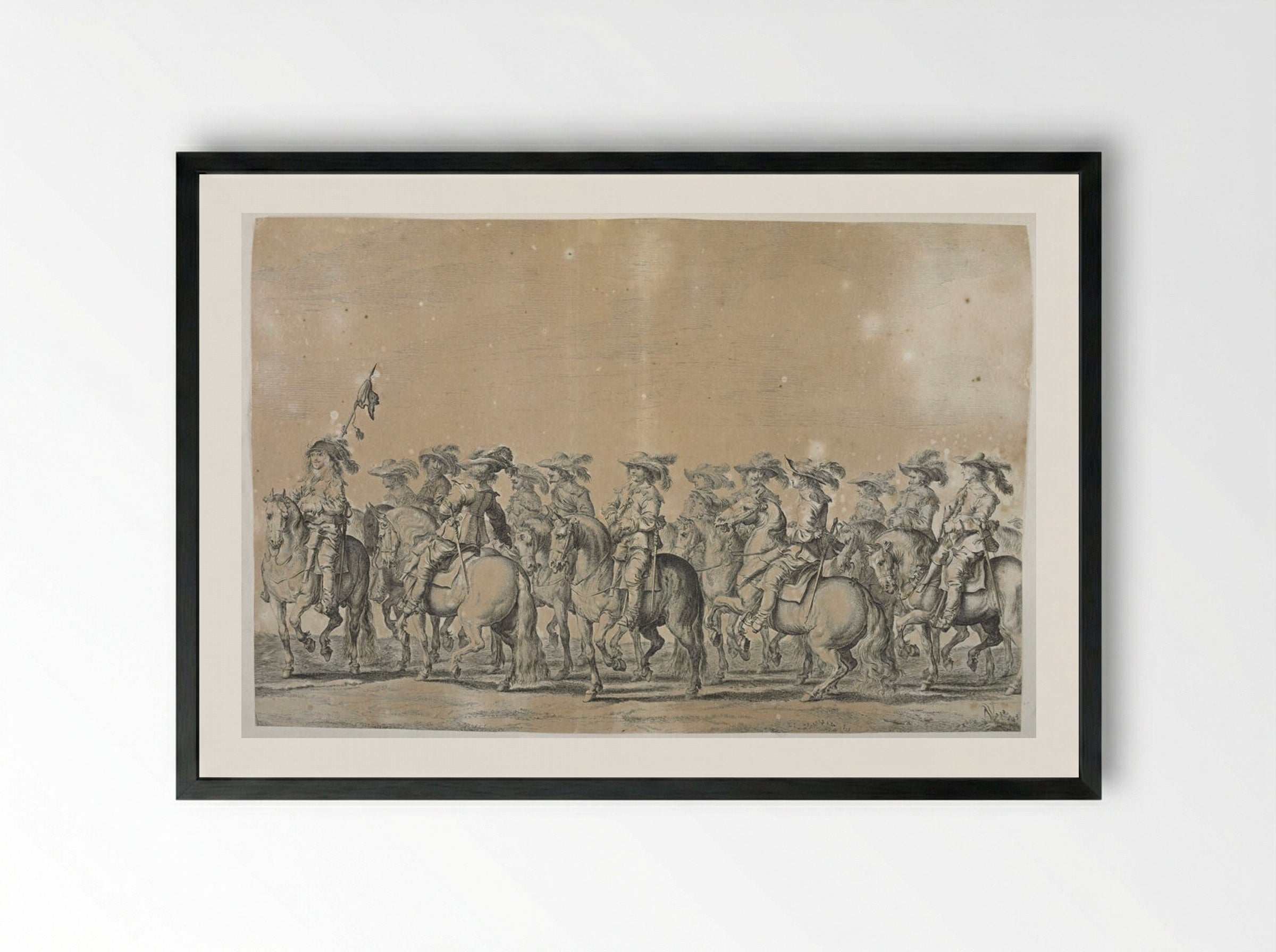 Group of Courtiers on Horseback Led by Figure with Flag - Pieter Nolpe - Framed Print Black