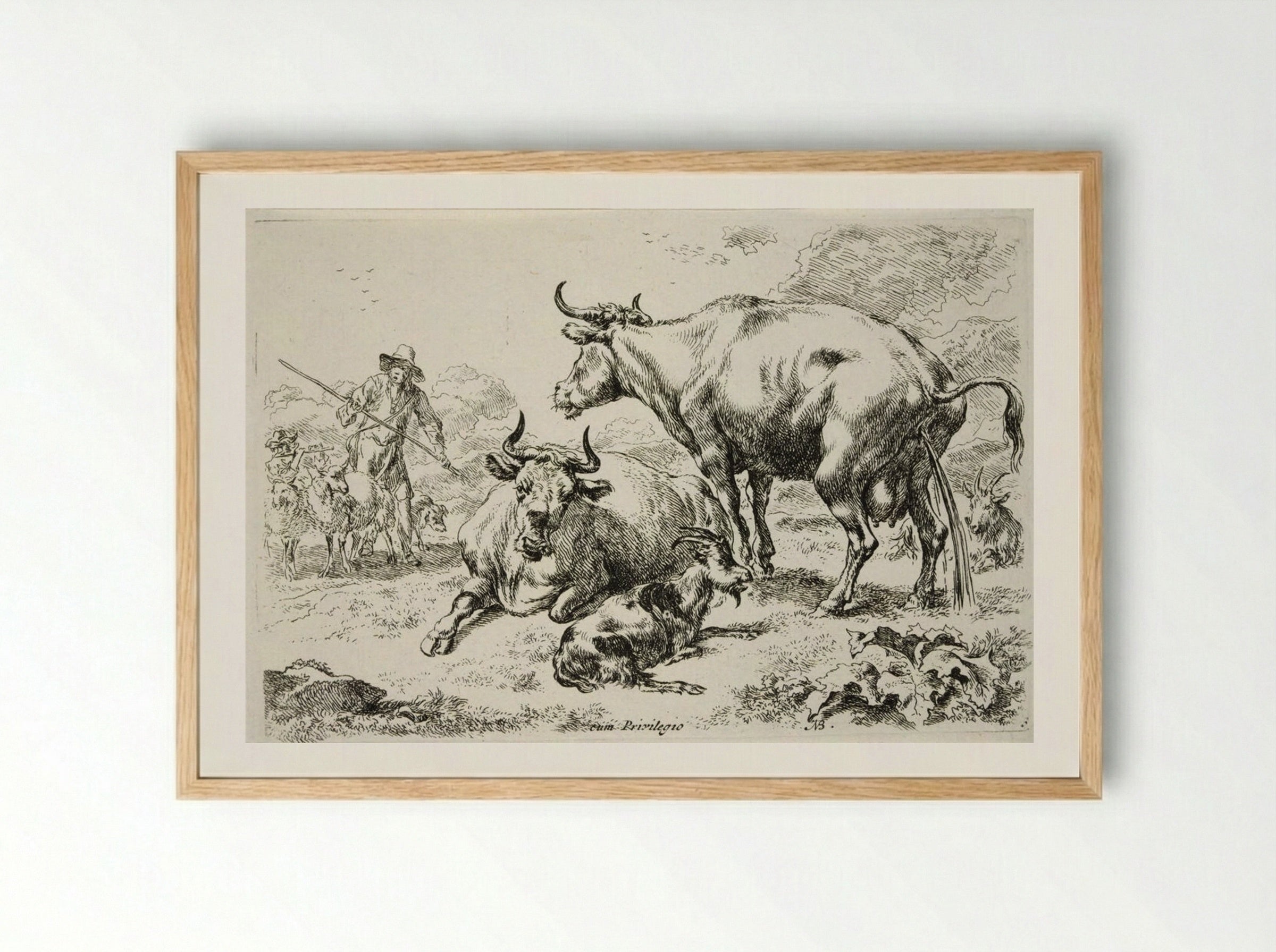 Group of Cows, One Urinating - Nicolaes Berchem the Elder - Framed Print Wood