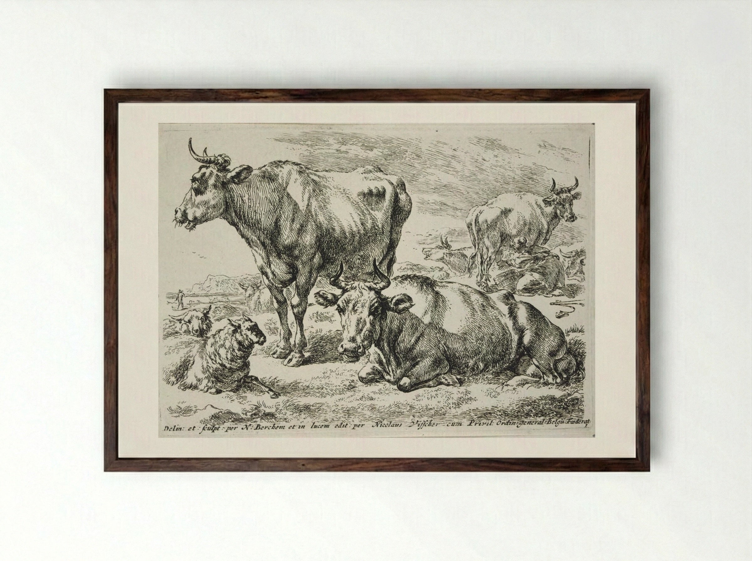 Group of Cows - Nicolaes Berchem the Elder - Framed Print Dark Wood