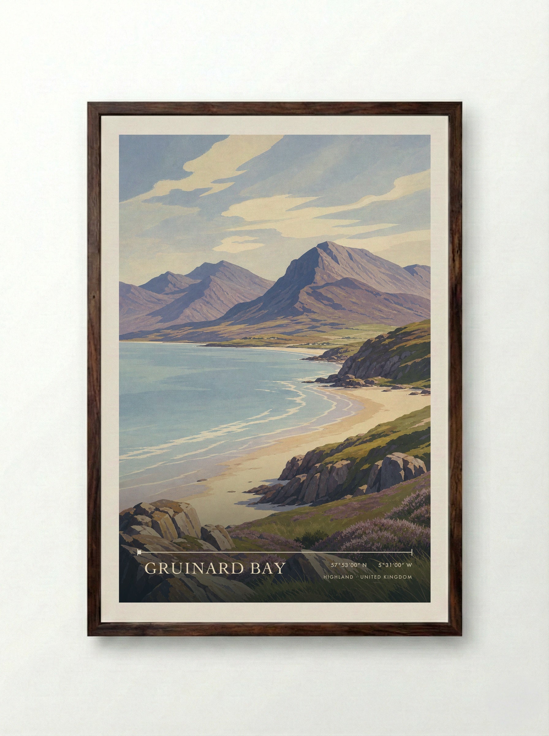 Gruinard Bay Highland United Kingdom Travel Poster - Framed Print Dark Wood