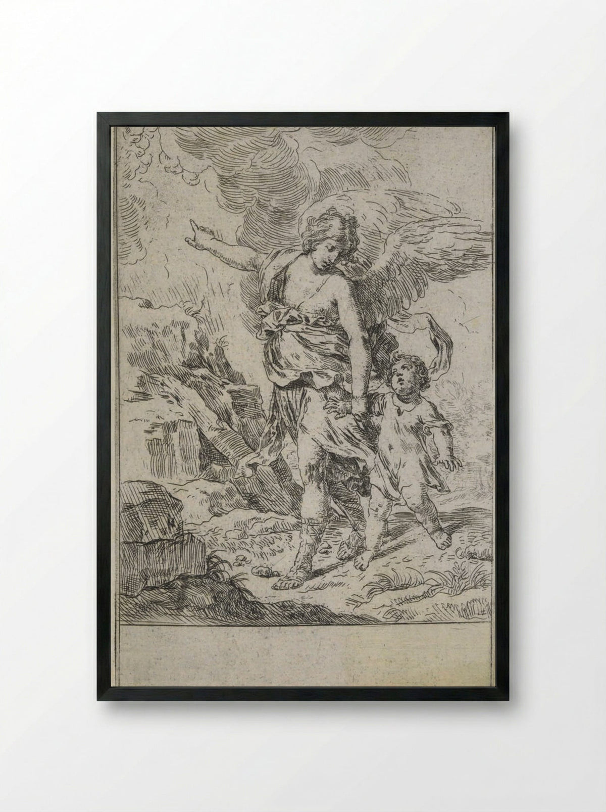 Guardian Angel leading a child - Simone Cantarini - Framed Print Black