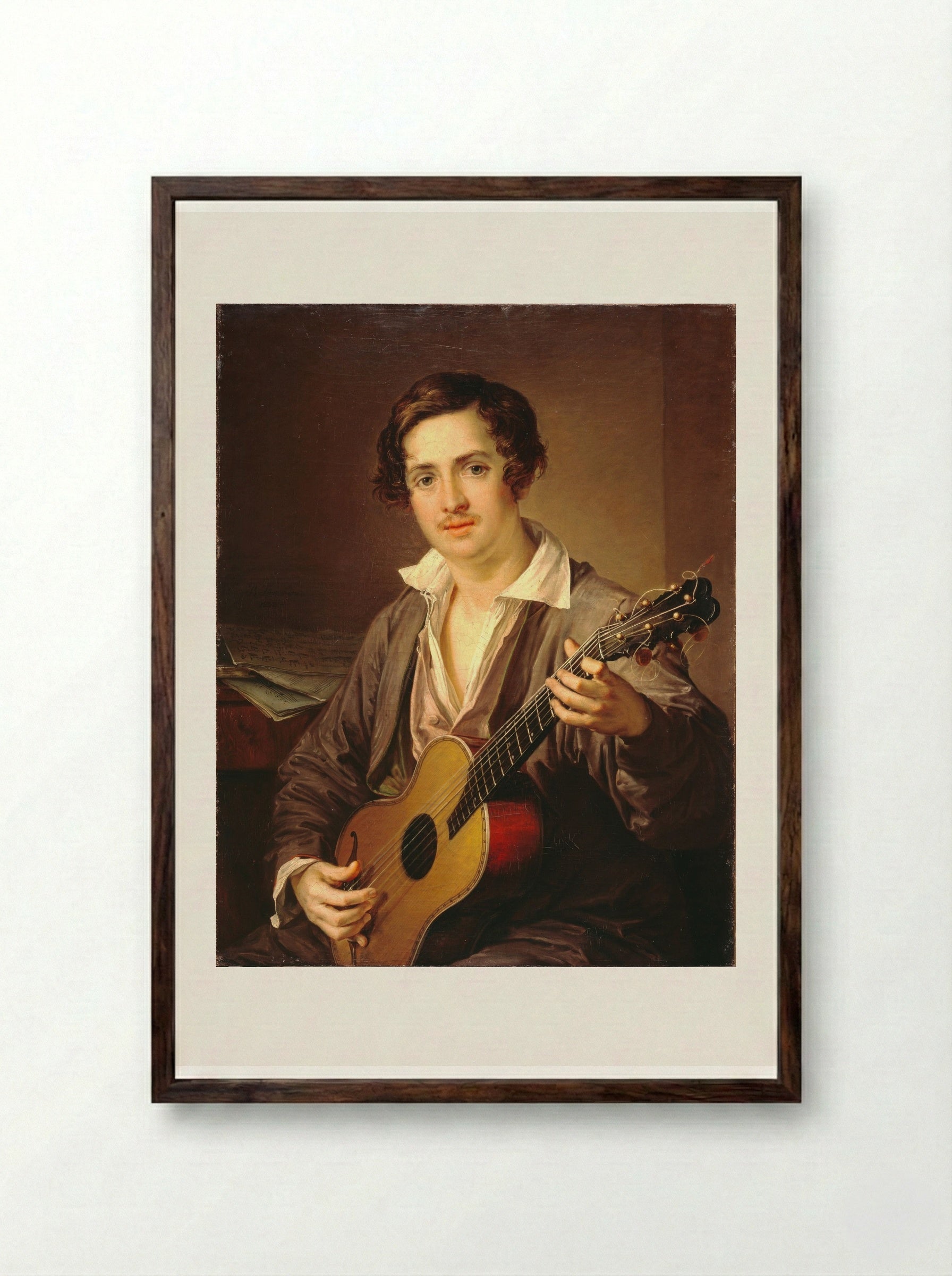Guitarist - Vasily Tropinin - Framed Print Dark Wood