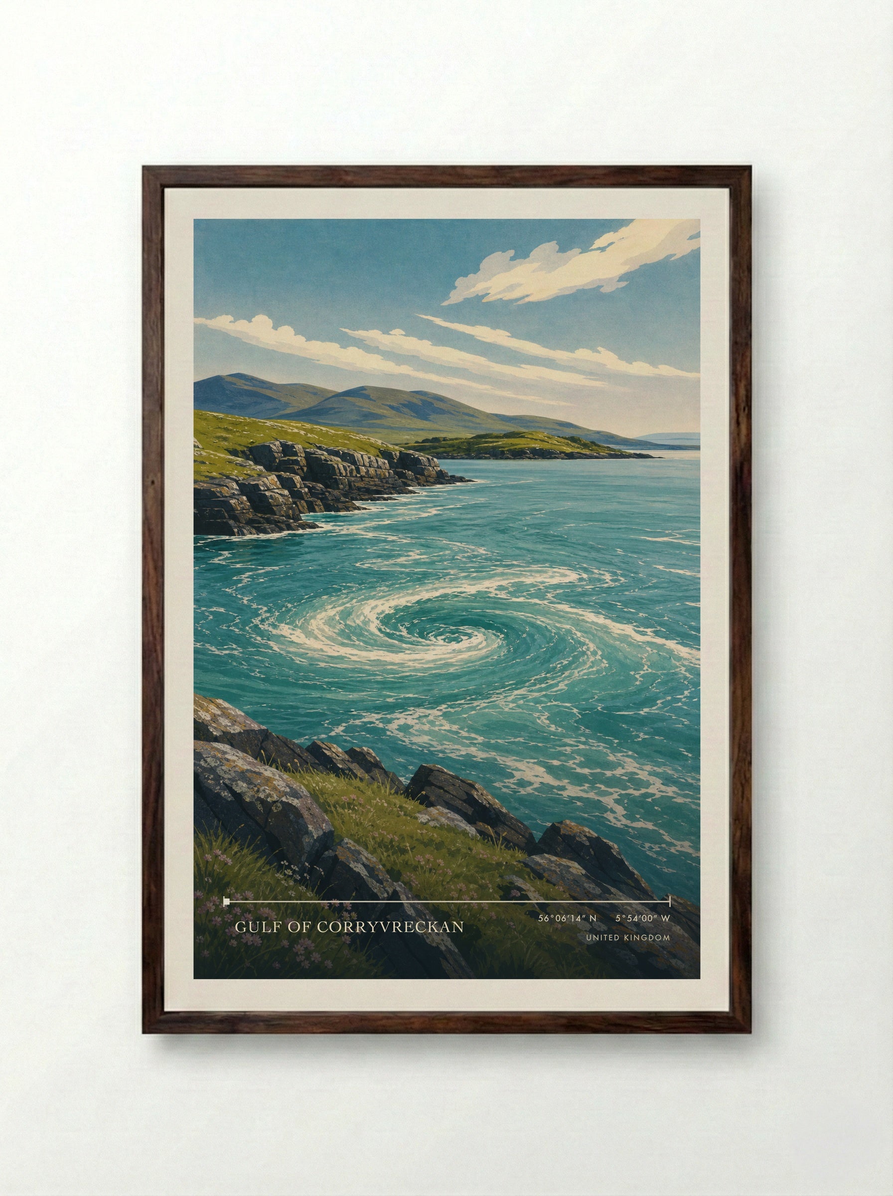 Gulf of Corryvreckan United Kingdom Travel Poster - Framed Print Dark Wood