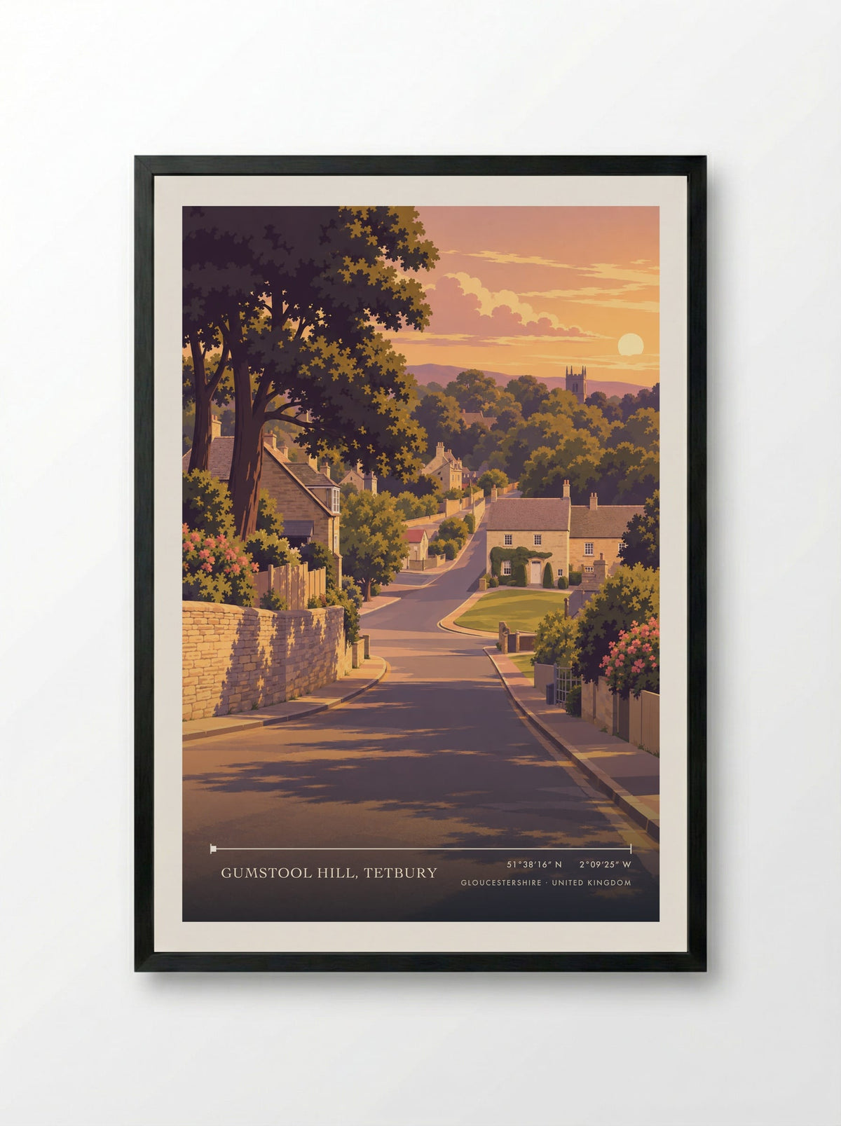 Gumstool Hill, Tetbury, Gloucestershire | Travel Poster - Framed Print Black