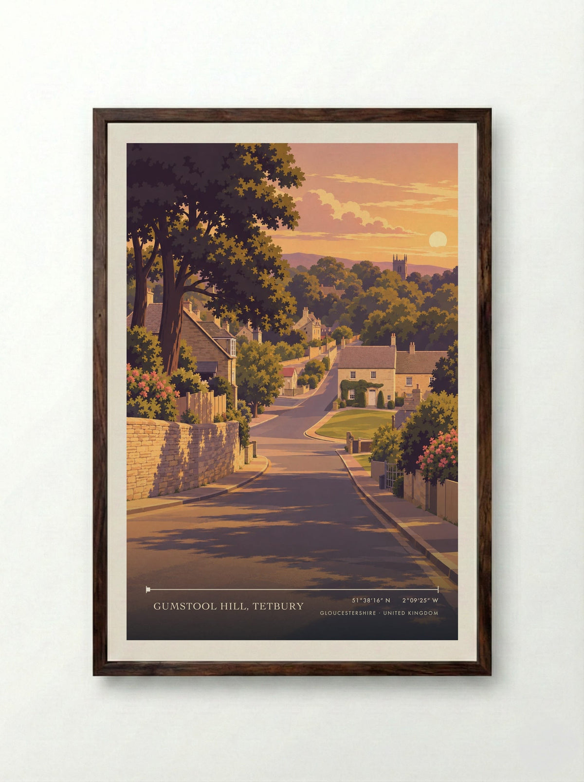 Gumstool Hill, Tetbury, Gloucestershire | Travel Poster - Framed Print Dark Wood