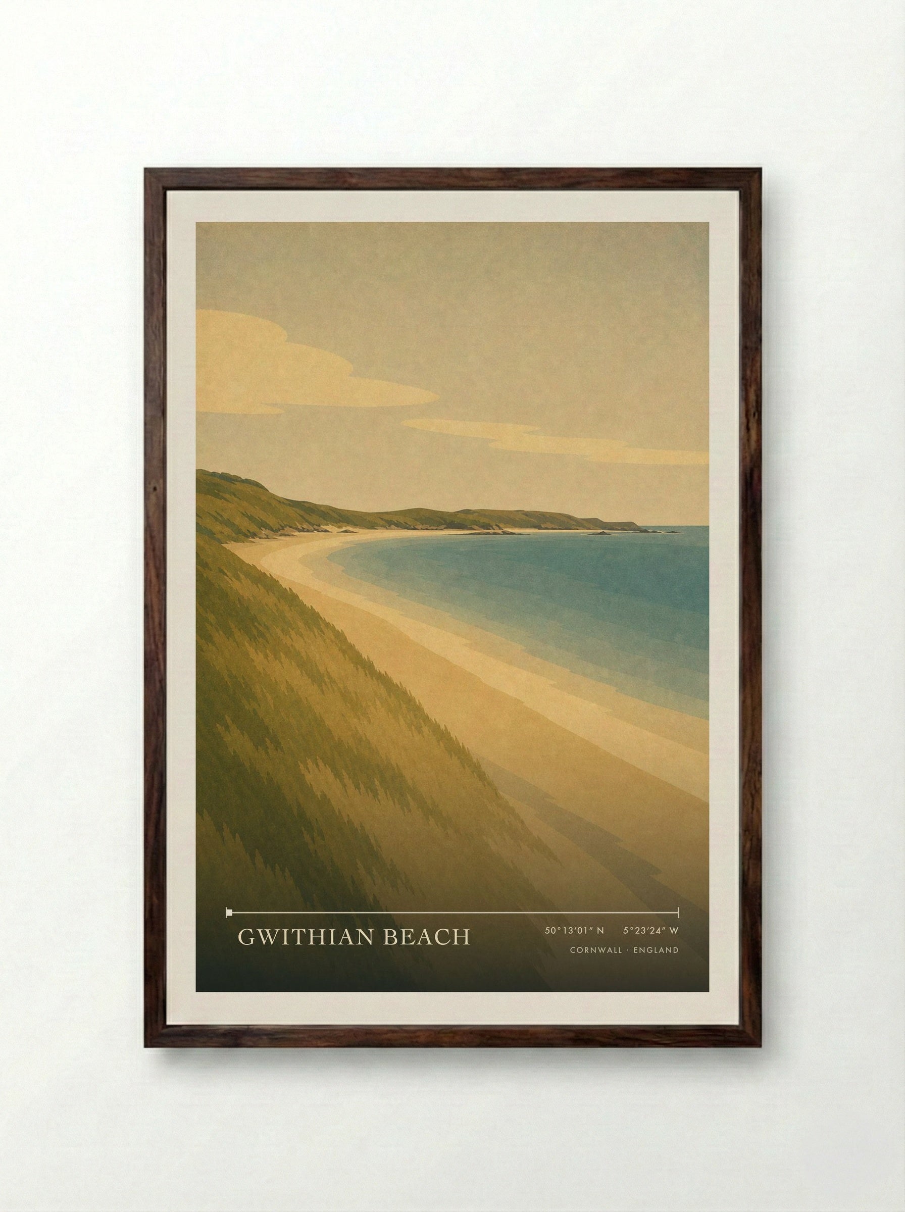 Gwithian Beach Cornwall England Travel Poster - Framed Print Dark Wood