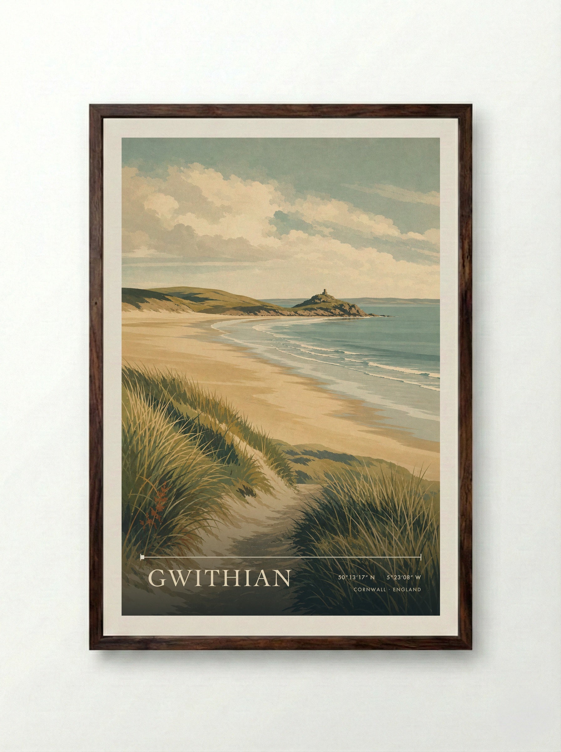 Gwithian Cornwall England Travel Poster - Framed Print Dark Wood