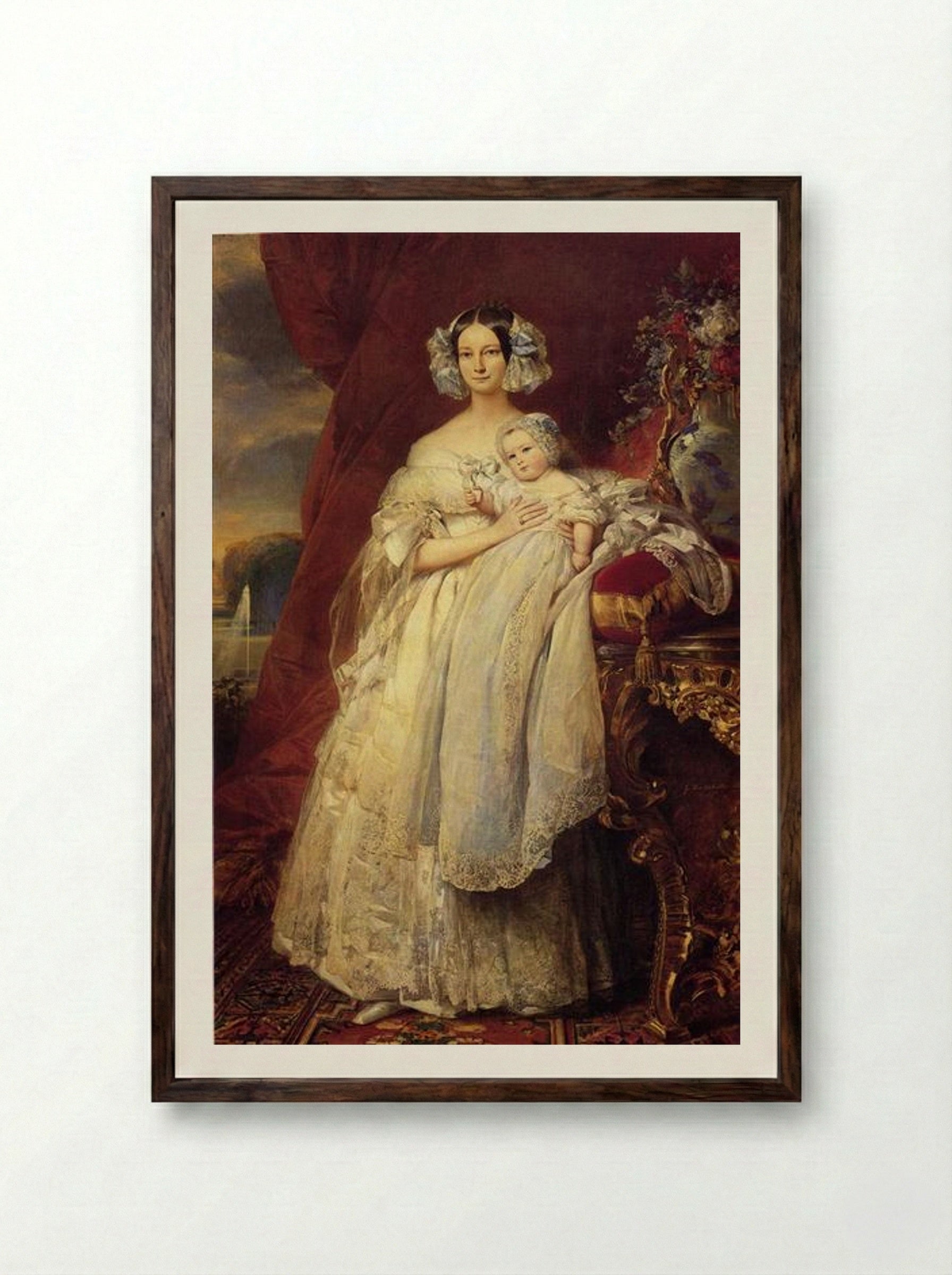 Hélène of Mecklenburg-Schwerin, Duchess of Orléans, with her son, the Count of Paris - Franz Xaver Winterhalter - Framed Print Dark Wood