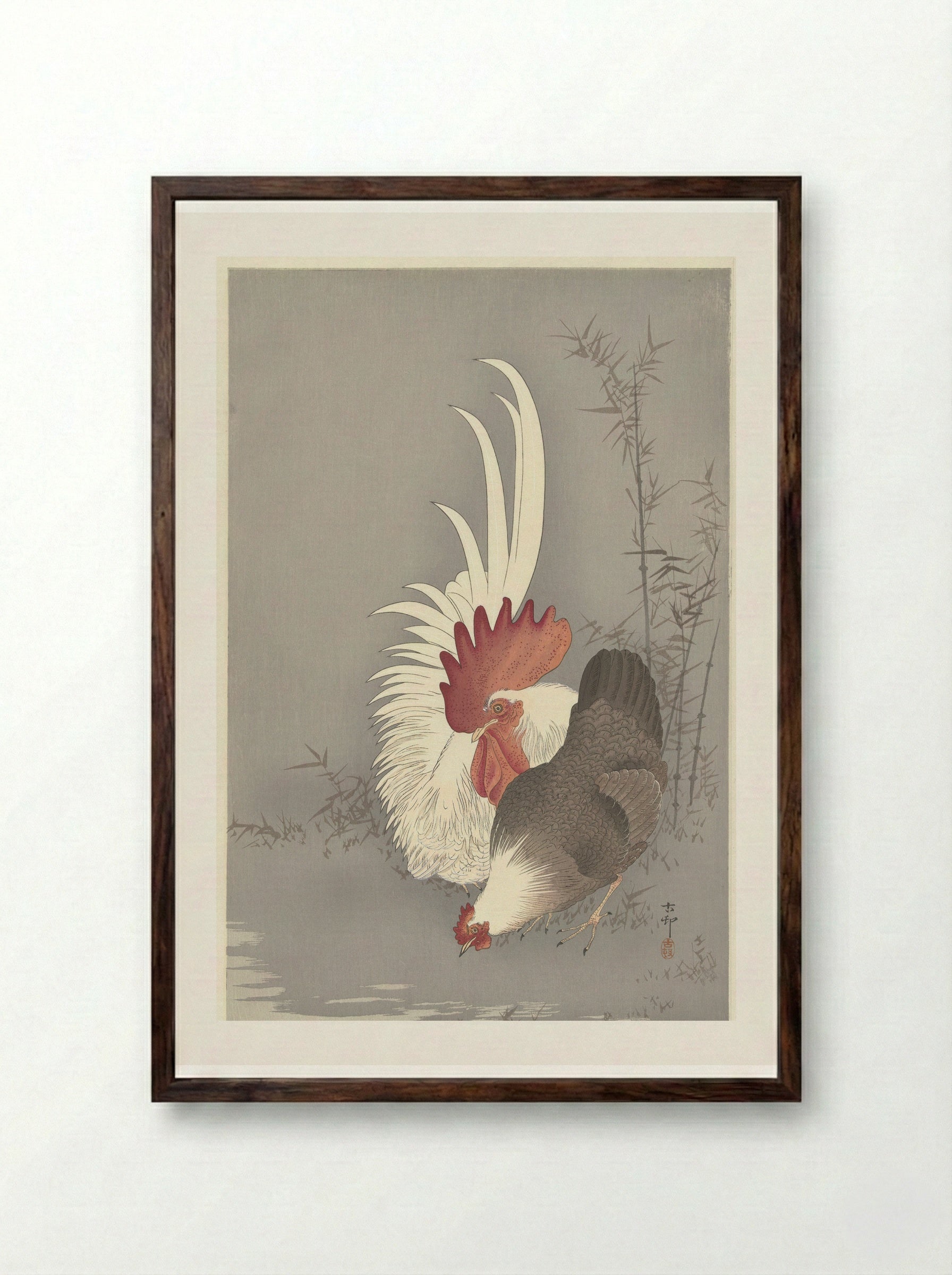 Haan en kip - Matsuki Heikichi - Framed Print Dark Wood