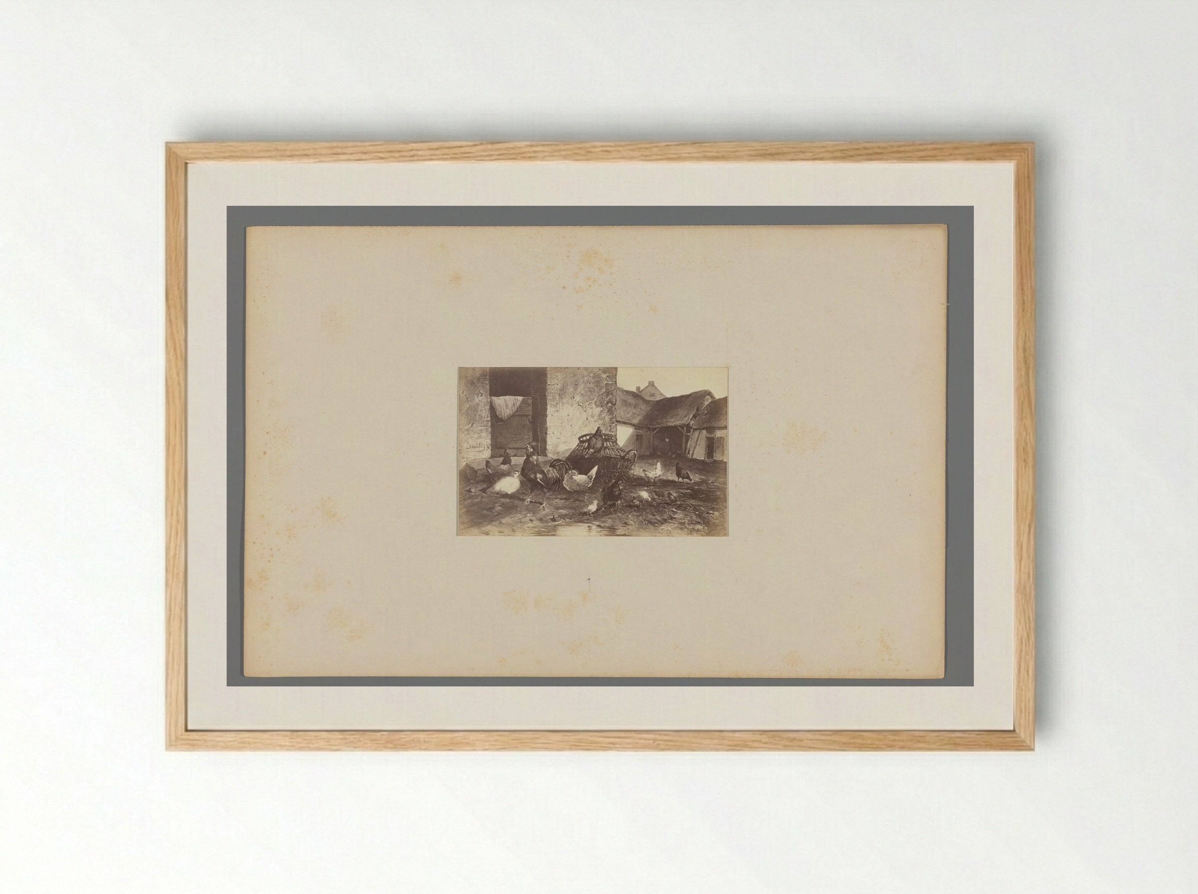 Haan en vijf kippen in een hok - Jan Gerard Smits - Framed Print Wood