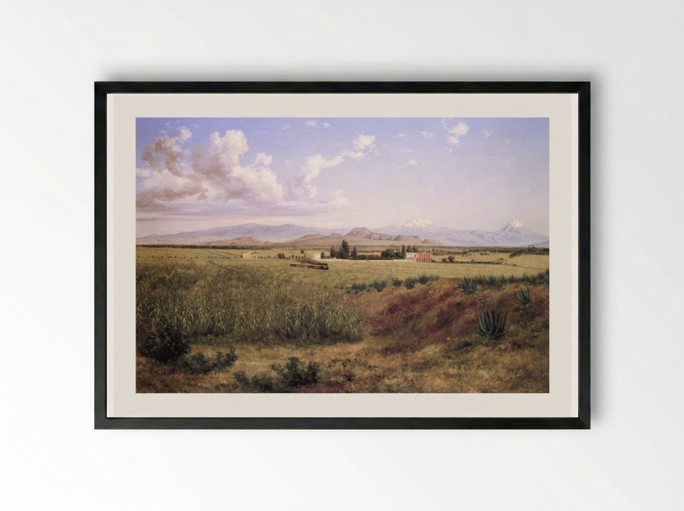 Hacienda de Coapa y los volcanes - José María Velasco - Framed Print Black