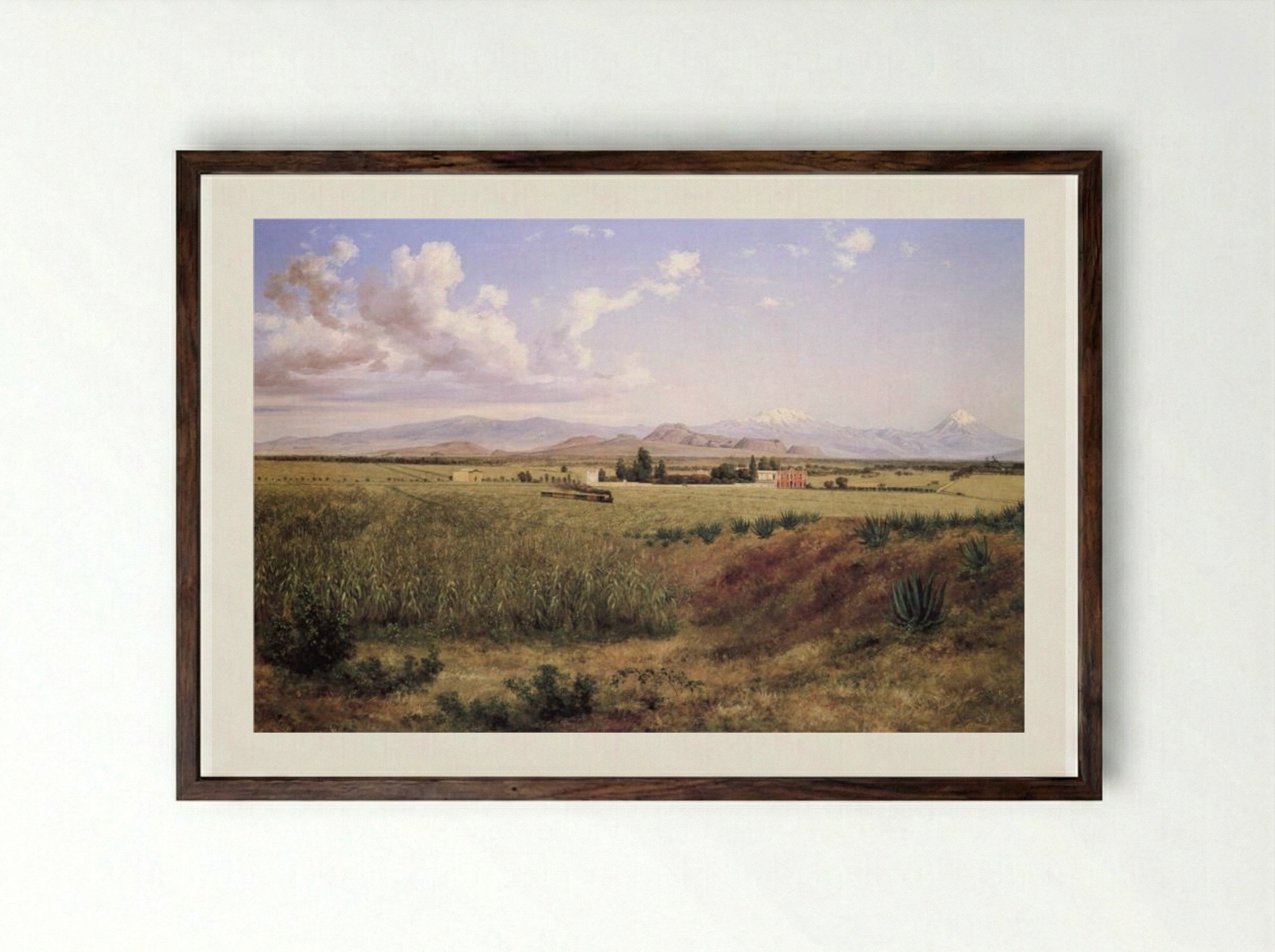 Hacienda de Coapa y los volcanes - José María Velasco - Framed Print Dark Wood