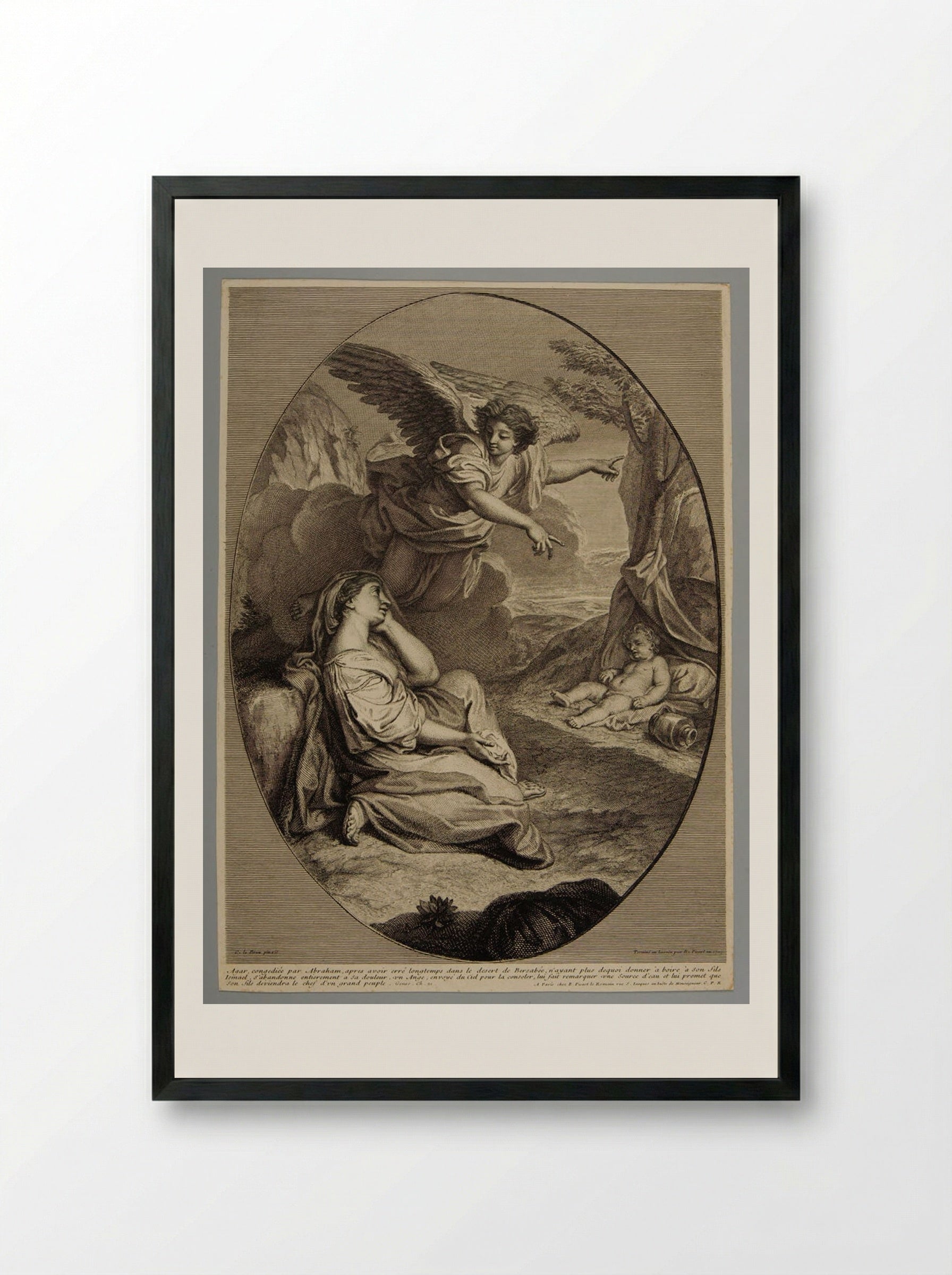 Hagar Comforted by an Angel - Bernard Picart - Framed Print Black