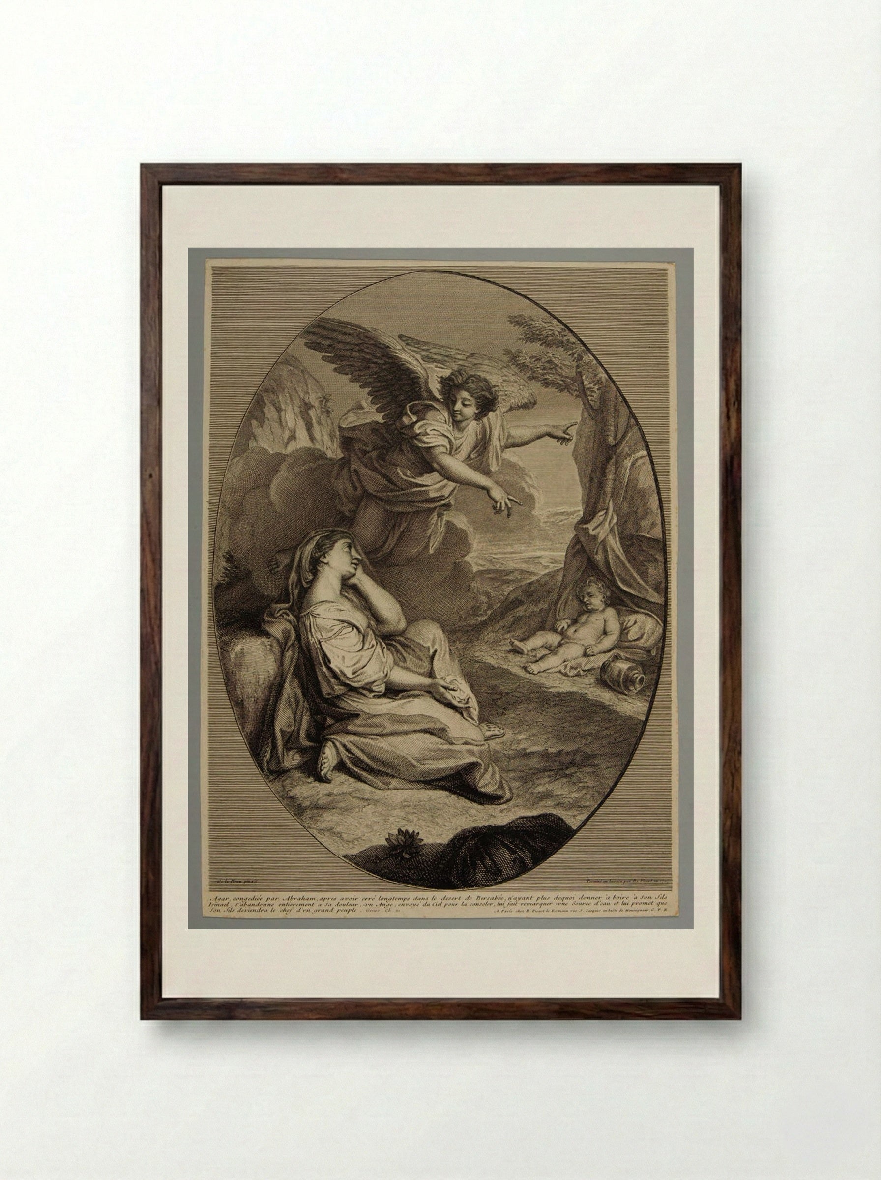 Hagar Comforted by an Angel - Bernard Picart - Framed Print Dark Wood