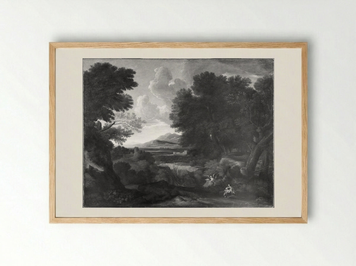 Hagar and Ishmael in a Southern Wooded Landscape - Gaspard Dughet - Framed Print Wood