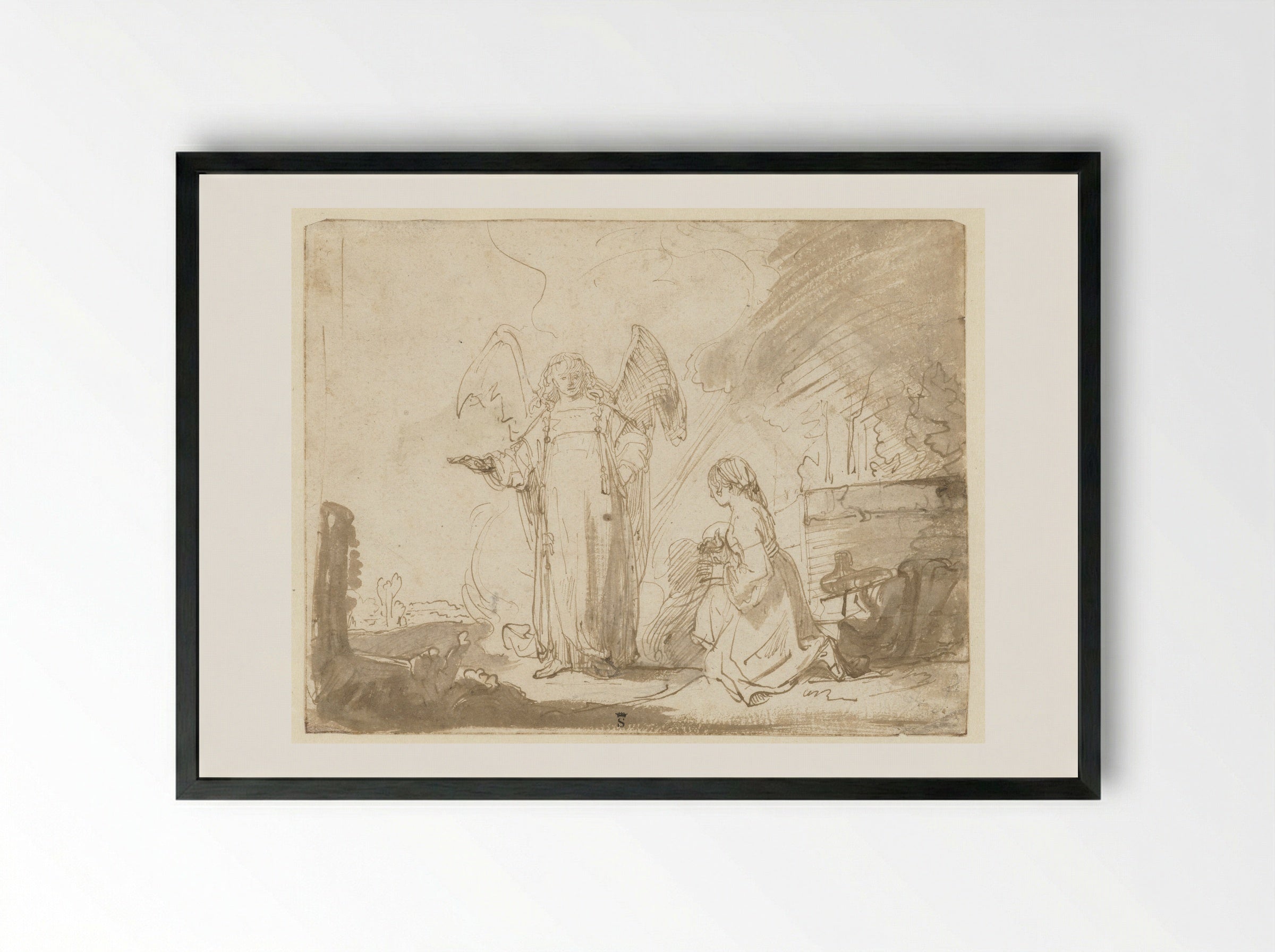 Hagar and the Angel by the Spring on the Way to Shur - Ferdinand Bol - Framed Print Black