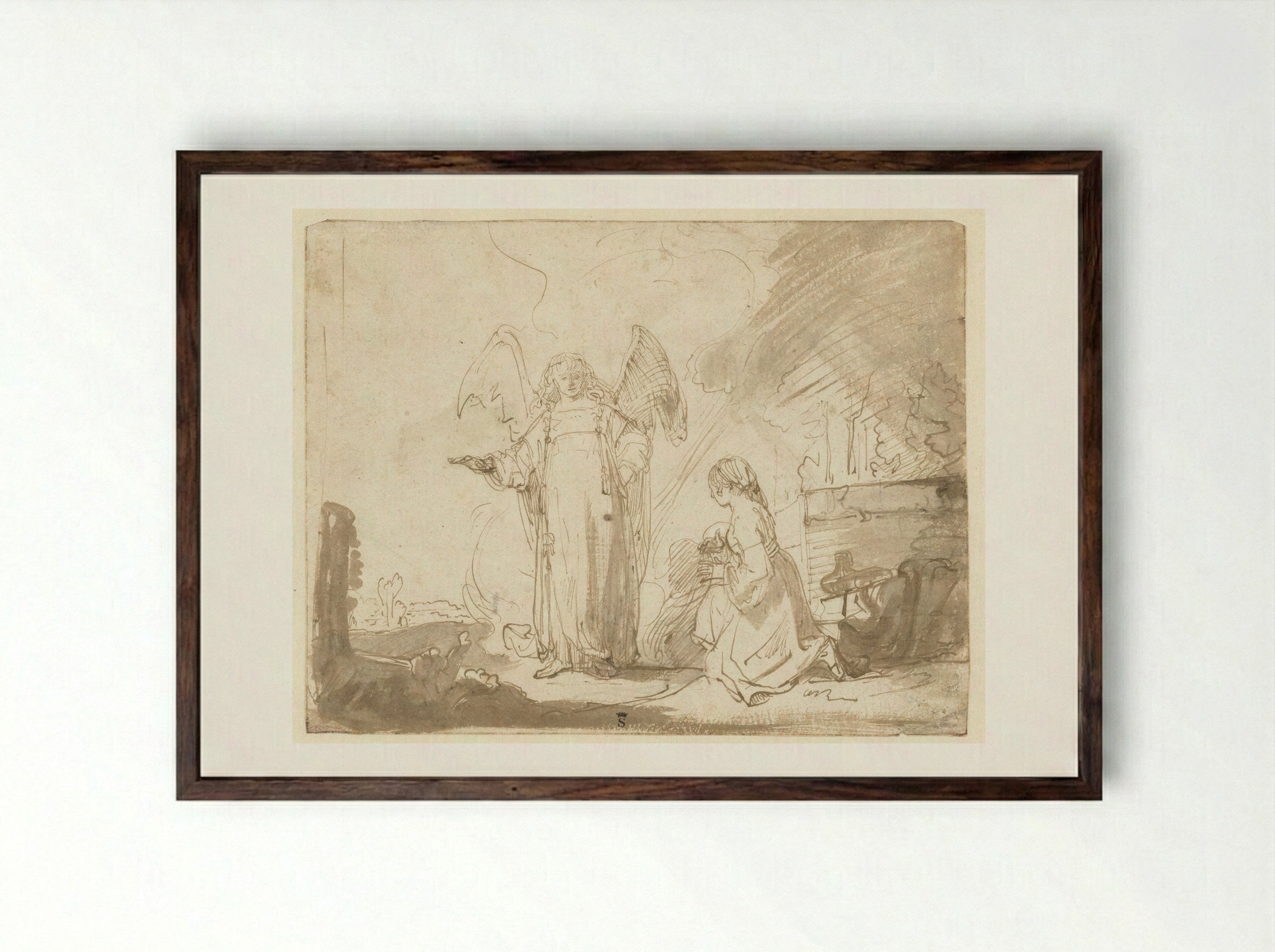 Hagar and the Angel by the Spring on the Way to Shur - Ferdinand Bol - Framed Print Dark Wood
