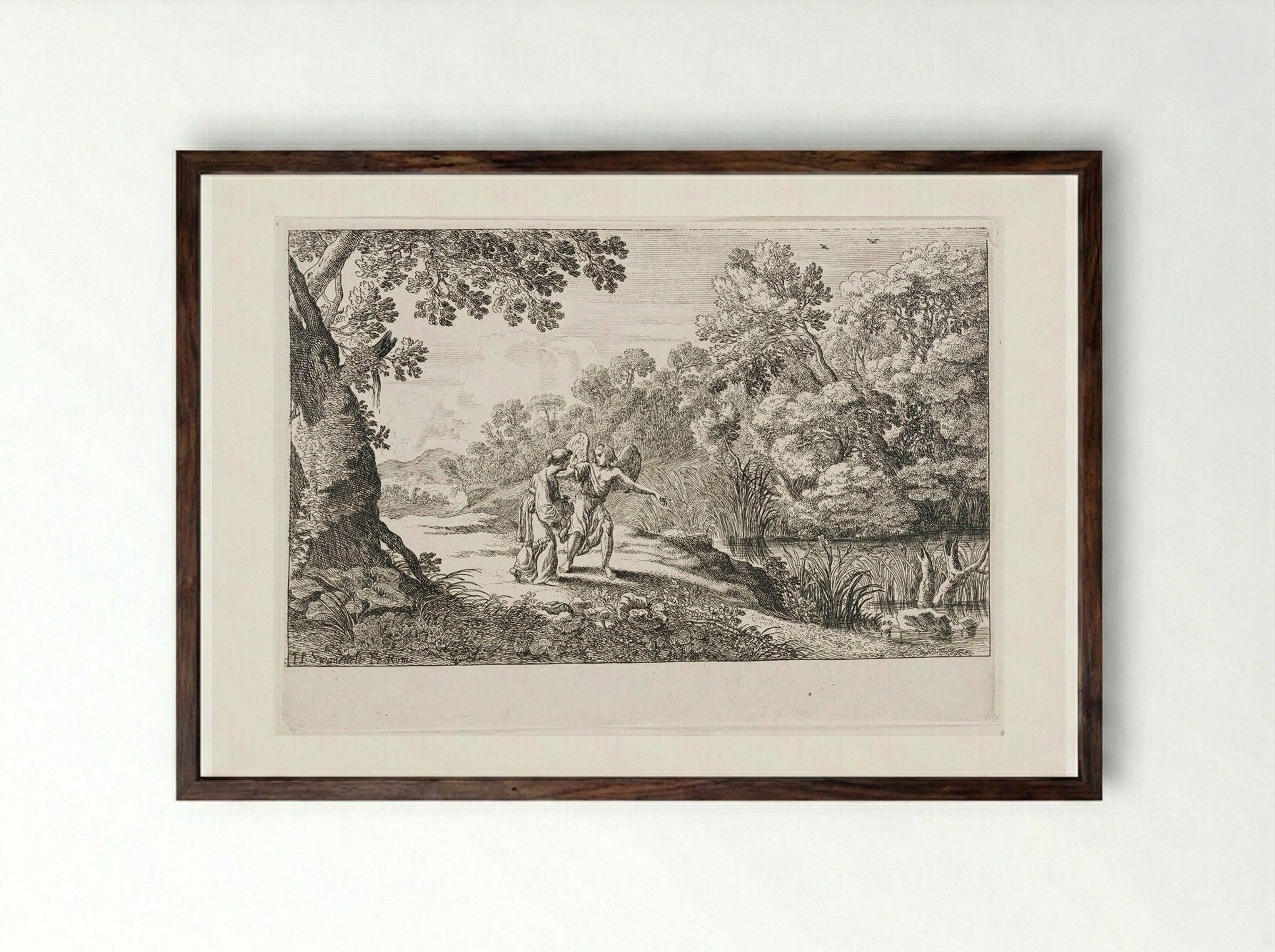 Hagar and the Angel - Herman van Swanevelt - Framed Print Dark Wood