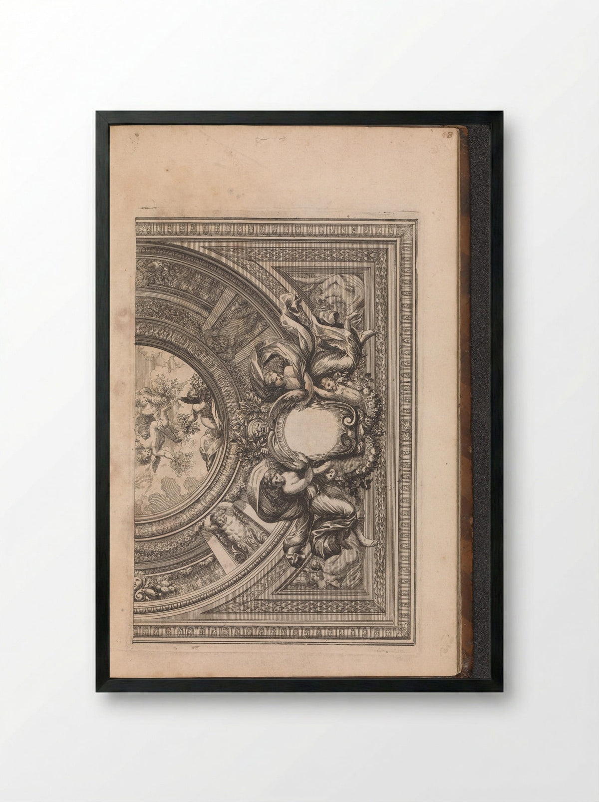 Half Ceiling Design with Empty Cartouche - Franz Ertinger - Framed Print Black
