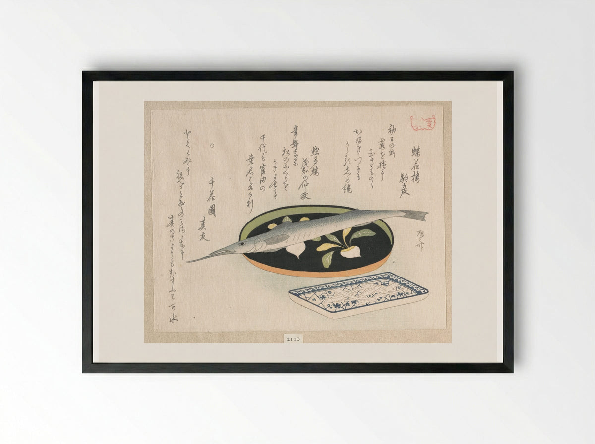 Halfbeak on a Lacquer Tray with Turnips and White Baits on a Porcelain Dish with Plum Blossoms on Broken Ice - Ryūryūkyo Shinsai - Framed Print Black