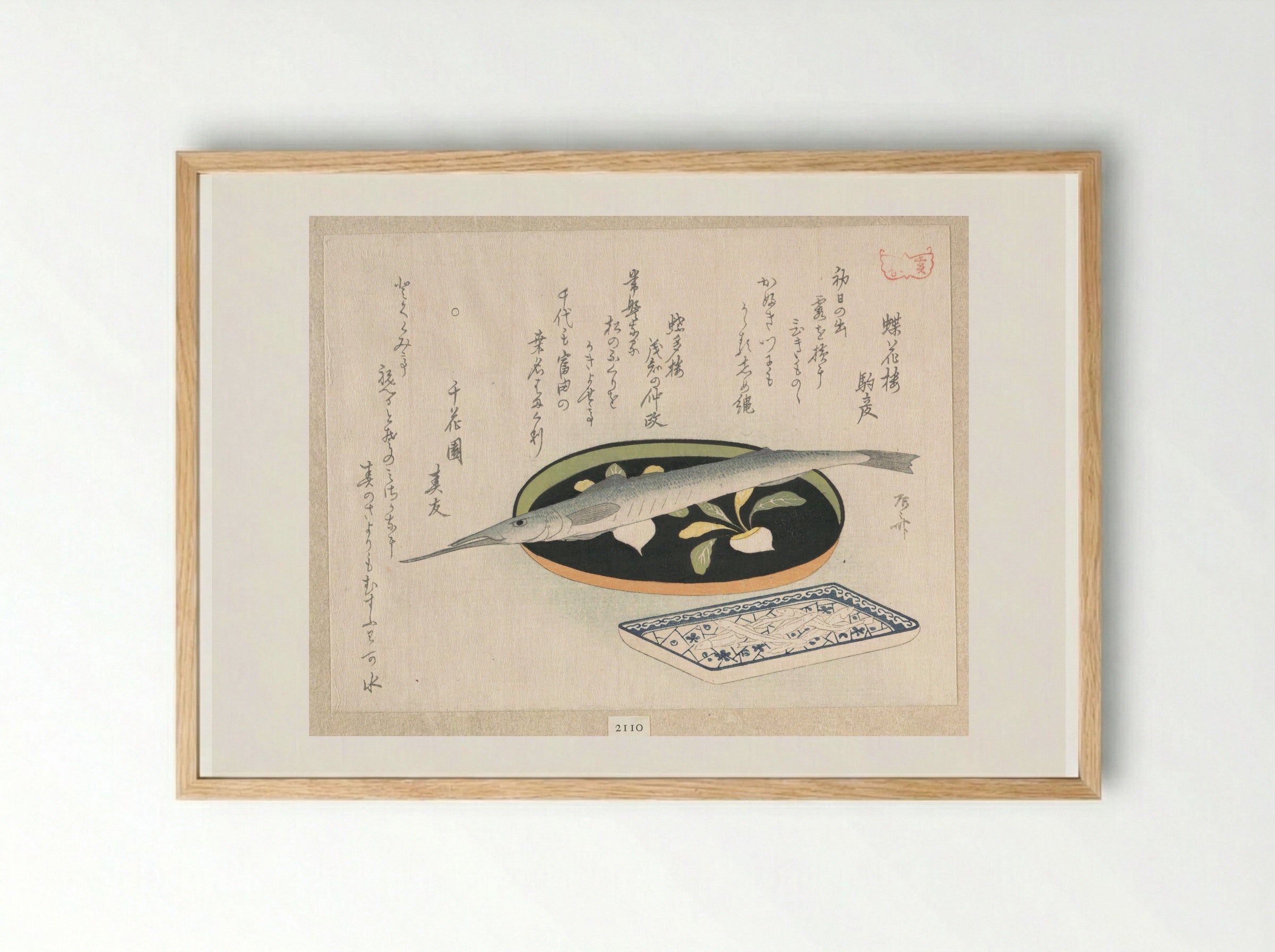 Halfbeak on a Lacquer Tray with Turnips and White Baits on a Porcelain Dish with Plum Blossoms on Broken Ice - Ryūryūkyo Shinsai - Framed Print Wood