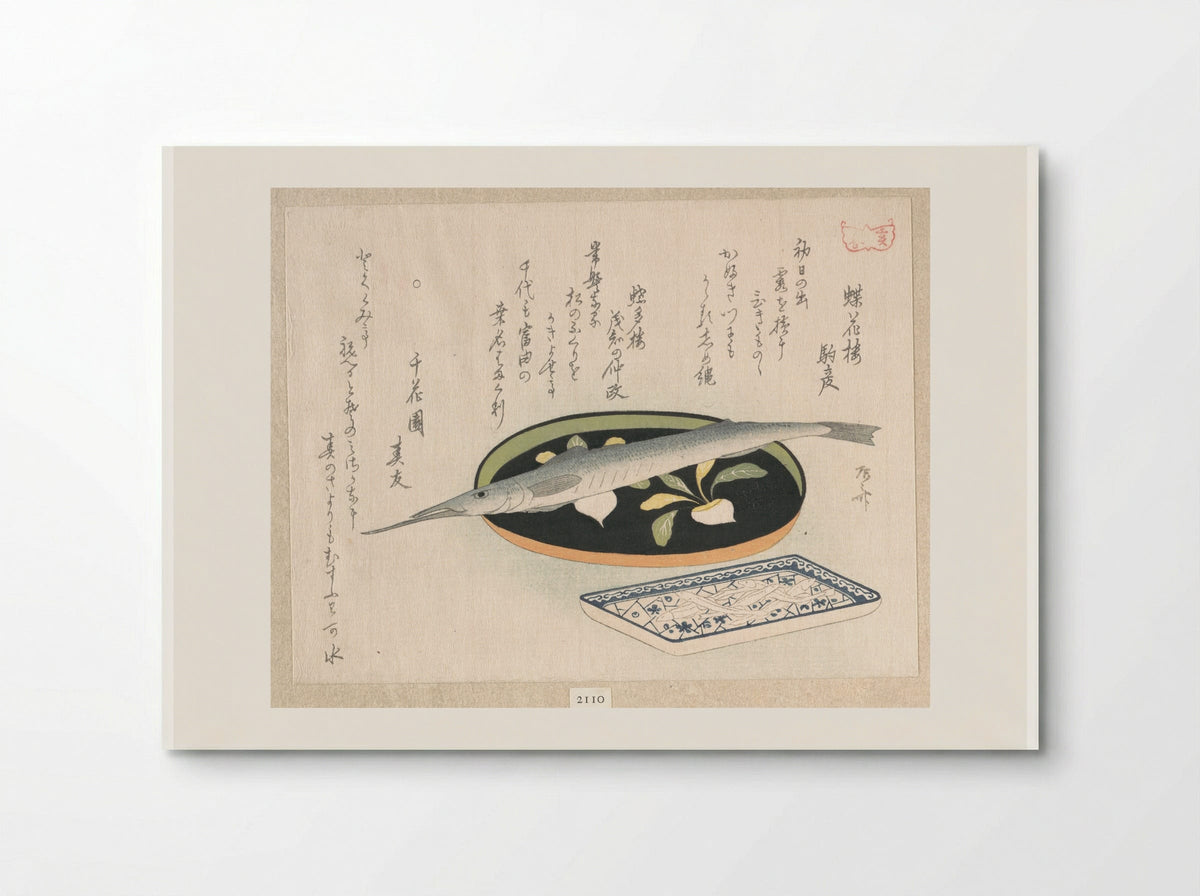 Halfbeak on a Lacquer Tray with Turnips and White Baits on a Porcelain Dish with Plum Blossoms on Broken Ice - Ryūryūkyo Shinsai - Poster