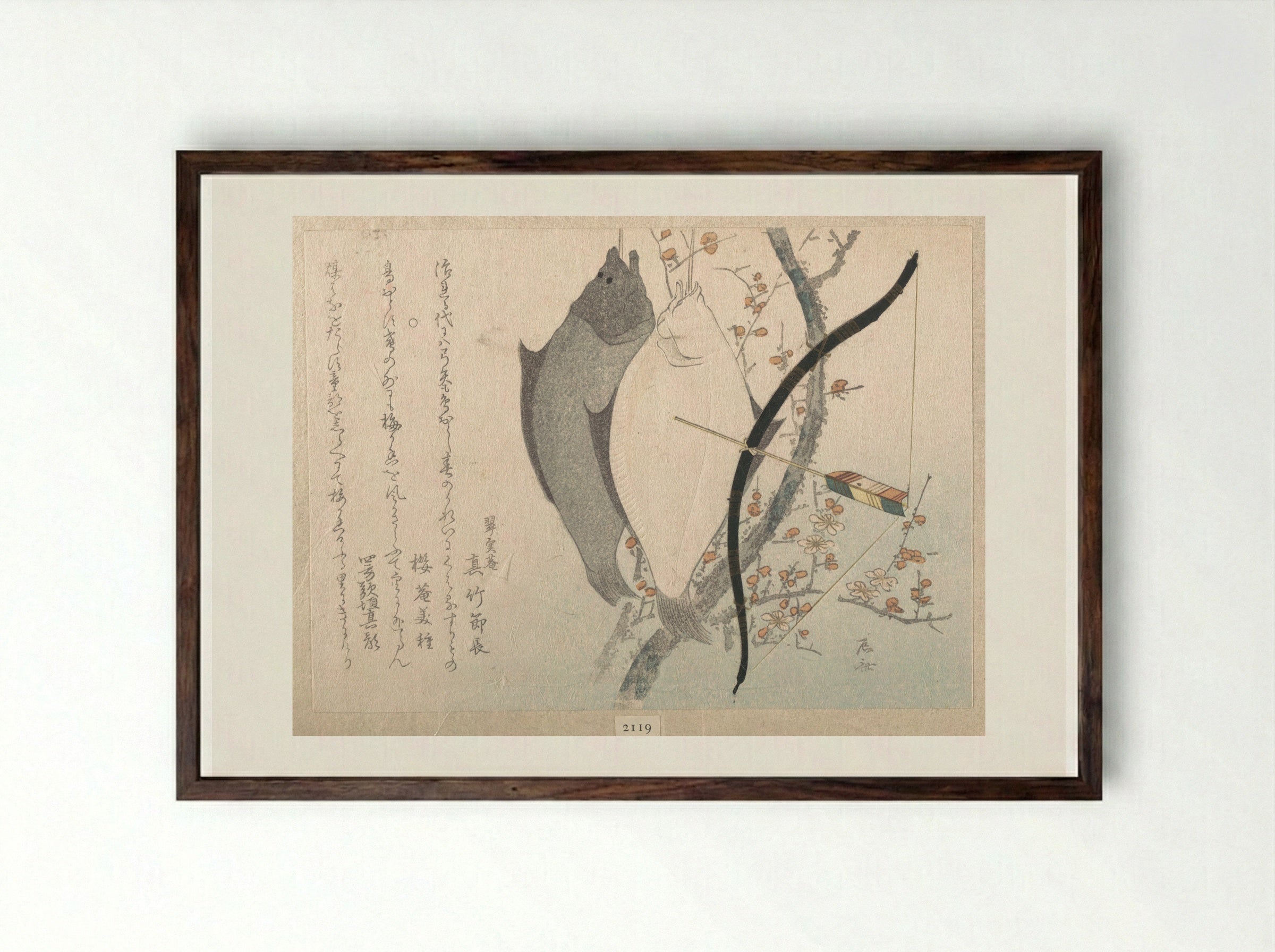 Halibuts and a Bow with Arrow Hanging on a Plum Tree - Ryūryūkyo Shinsai - Framed Print Dark Wood