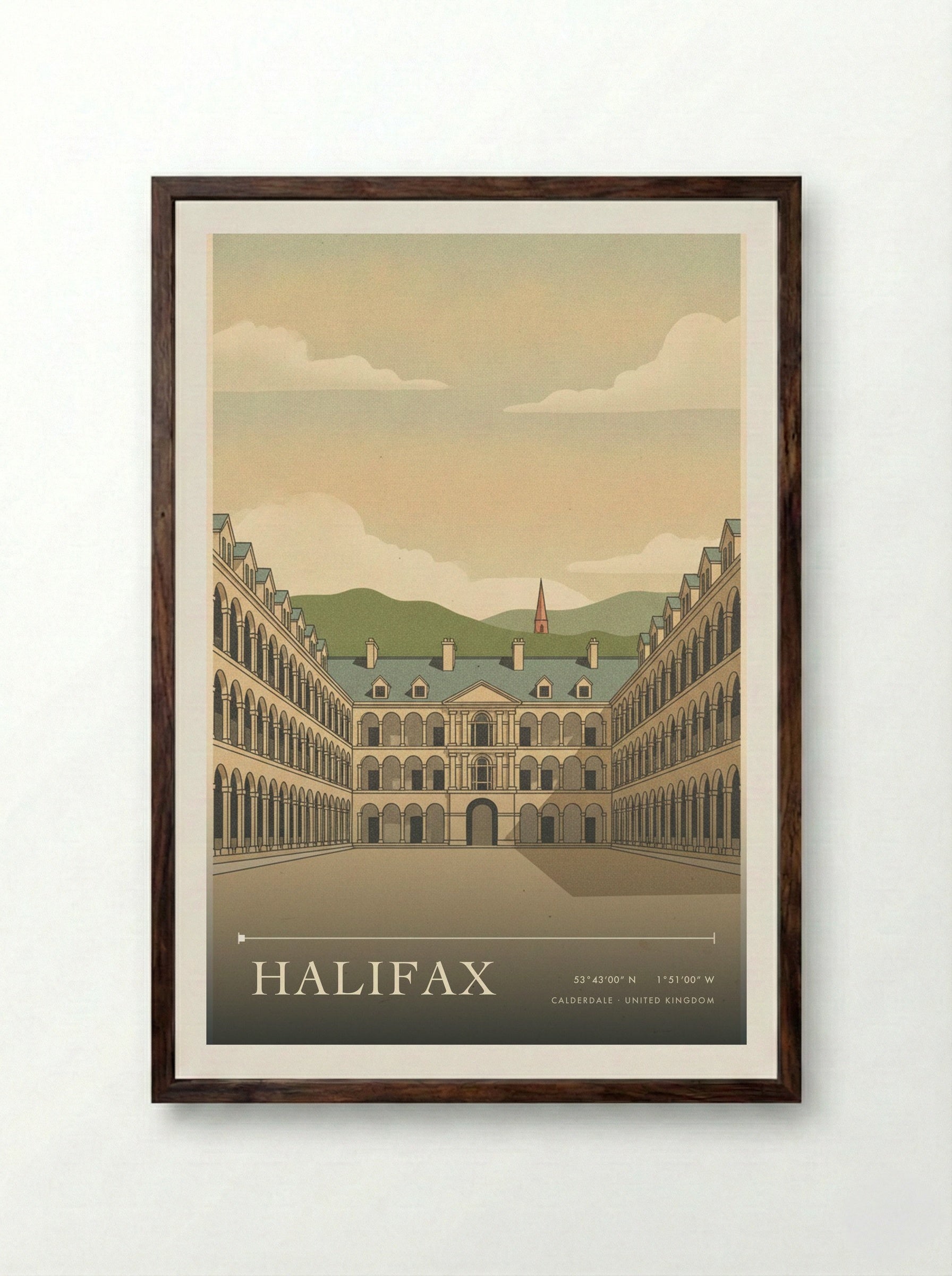 Halifax Calderdale United Kingdom Travel Poster - Framed Print Dark Wood