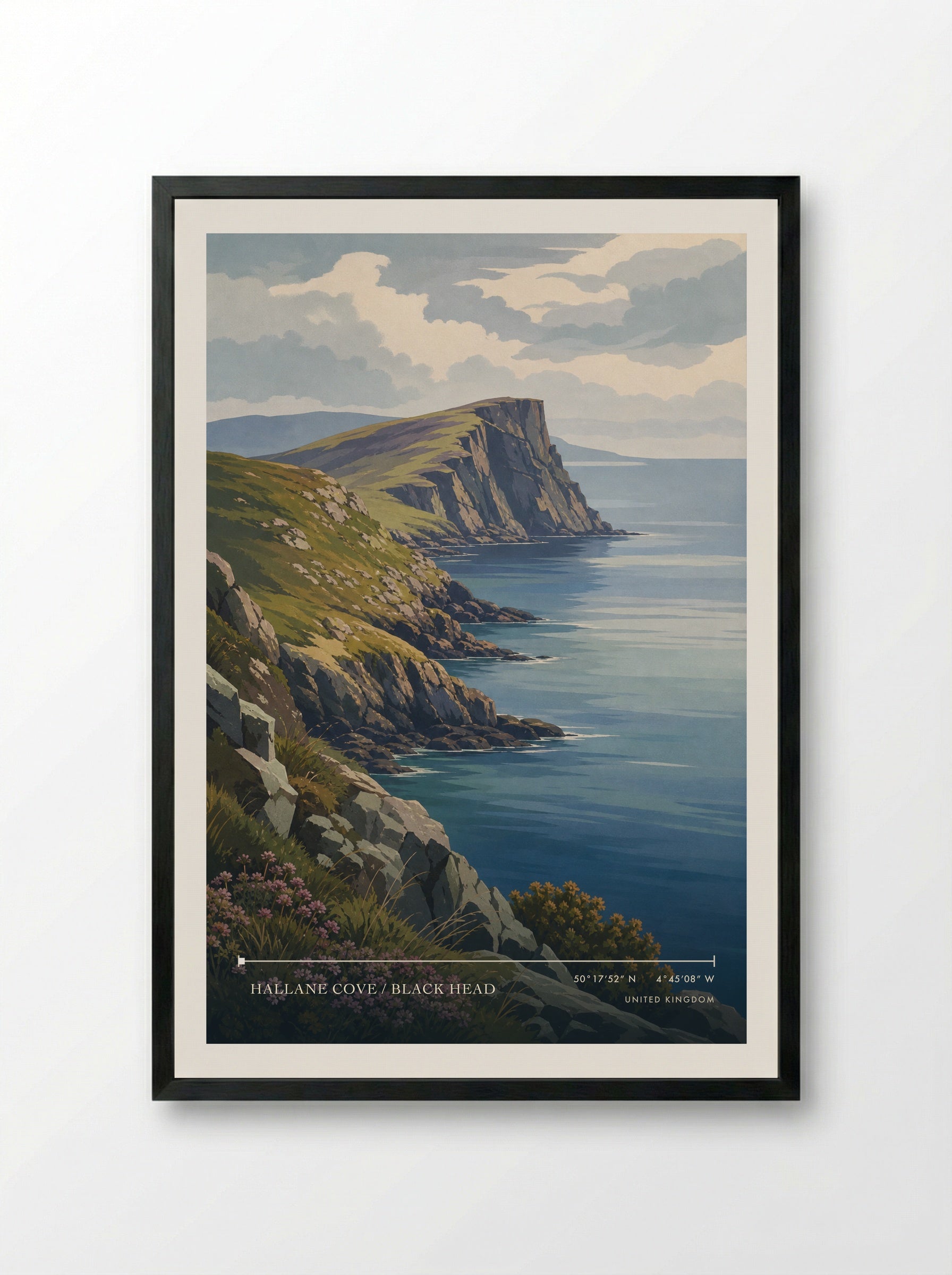 Hallane Cove / Black Head United Kingdom Travel Poster - Framed Print Black
