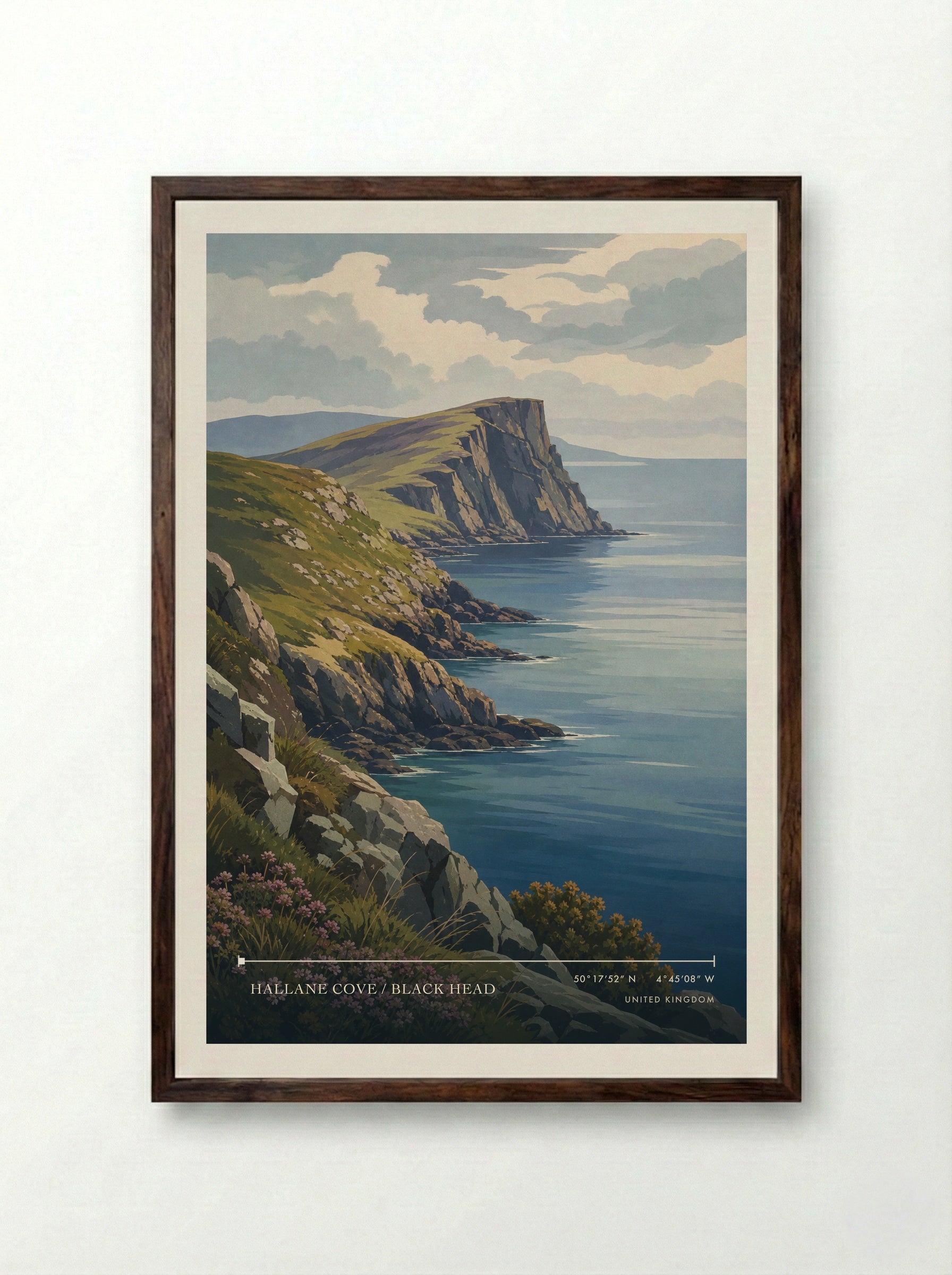 Hallane Cove / Black Head United Kingdom Travel Poster - Framed Print Dark Wood