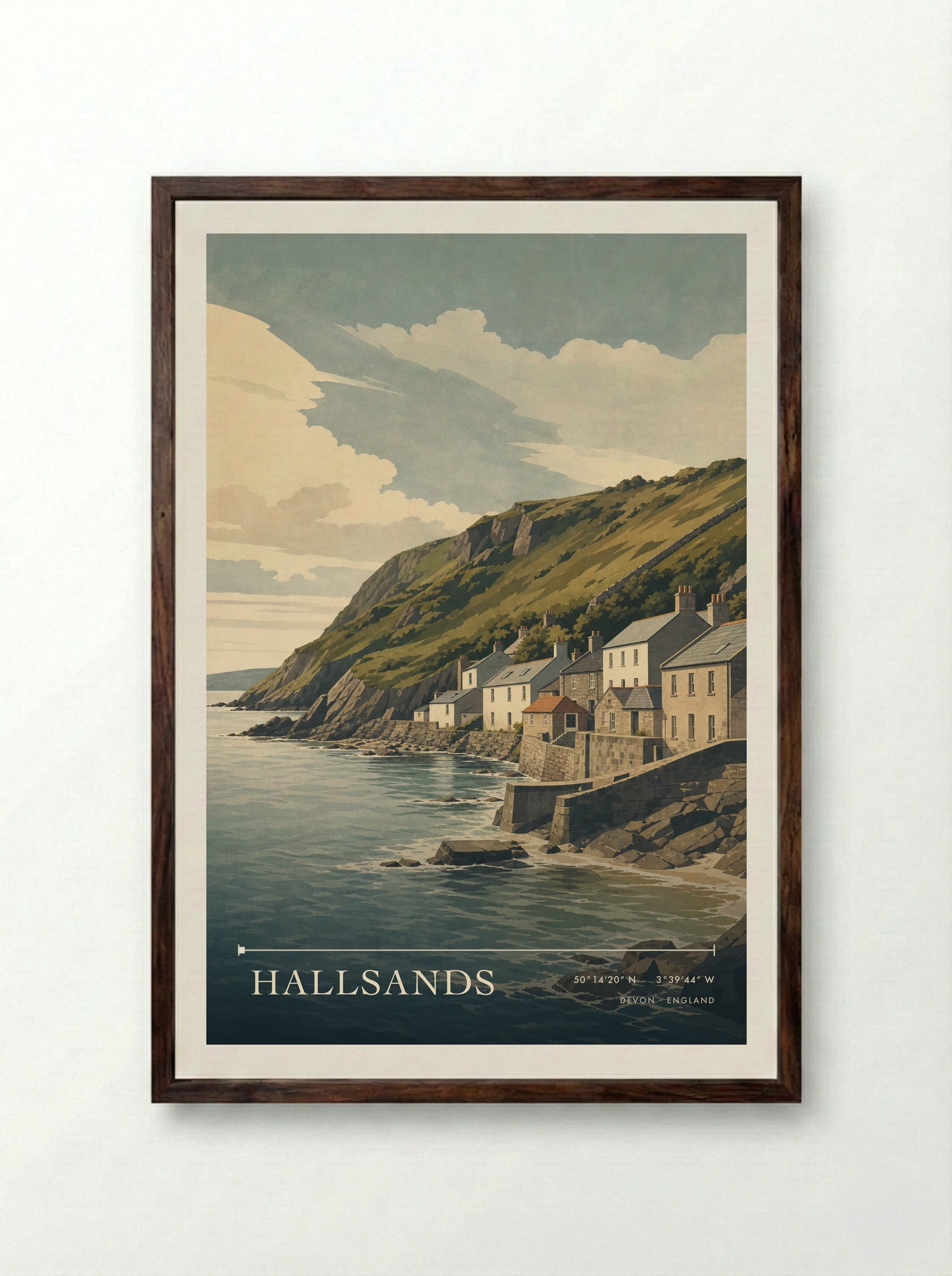 Hallsands Devon England Travel Poster - Framed Print Dark Wood