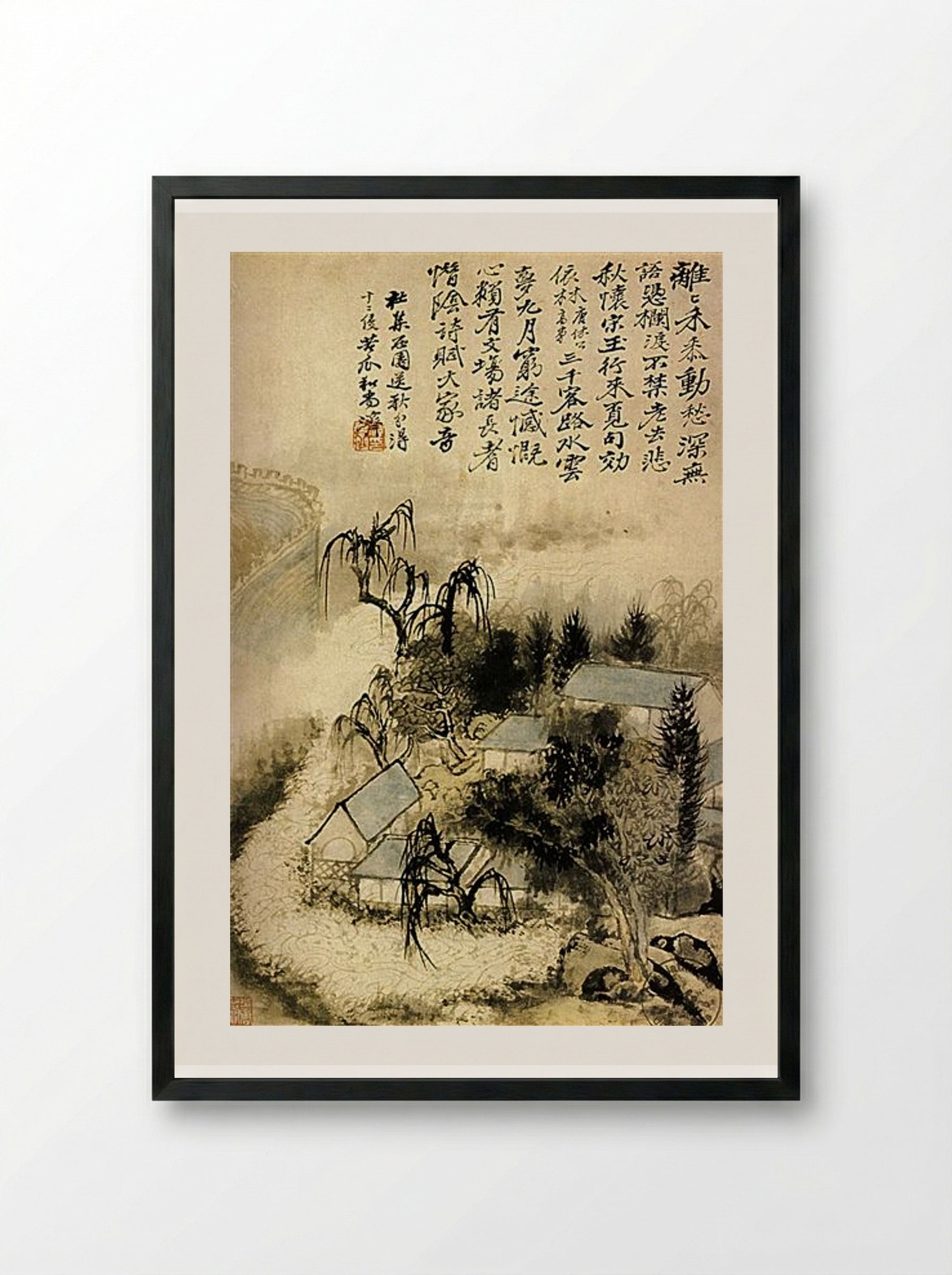 Hamlet in the Autumn Mist - Shitao - Framed Print Black