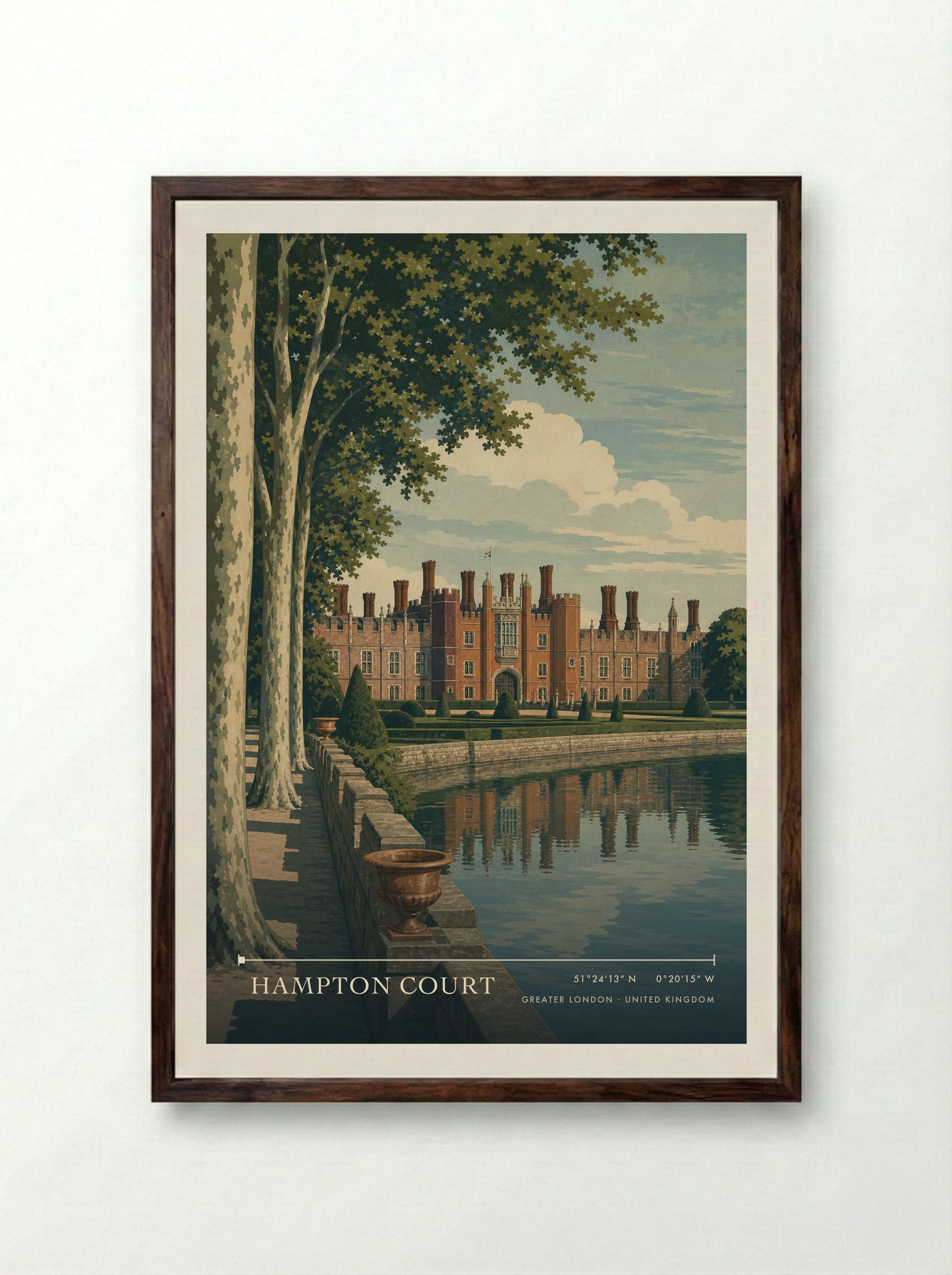 Hampton Court Greater London United Kingdom Travel Poster - Framed Print Dark Wood
