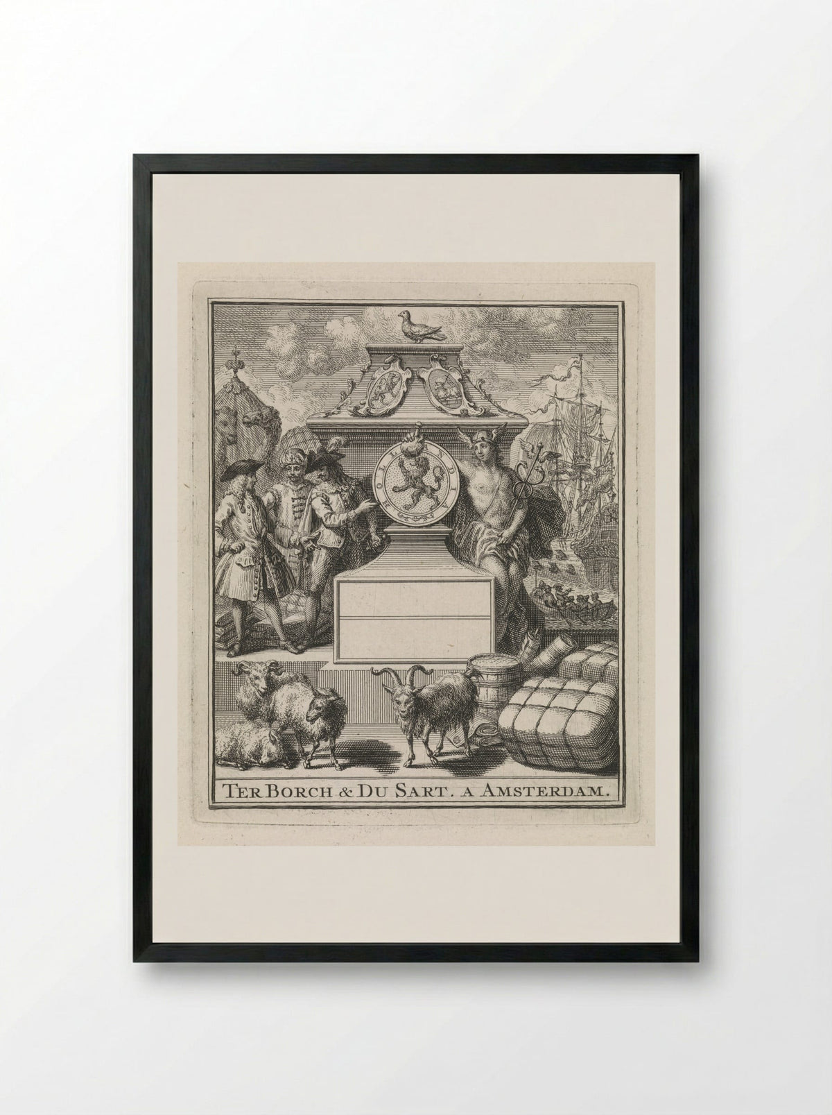Handelaren en Mercurius naast het wapen van Holland - Pieter Tanjé - Framed Print Black