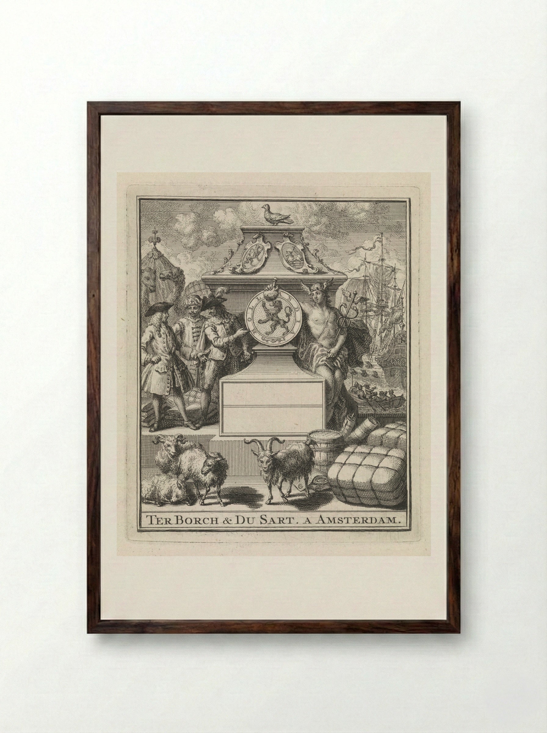 Handelaren en Mercurius naast het wapen van Holland - Pieter Tanjé - Framed Print Dark Wood