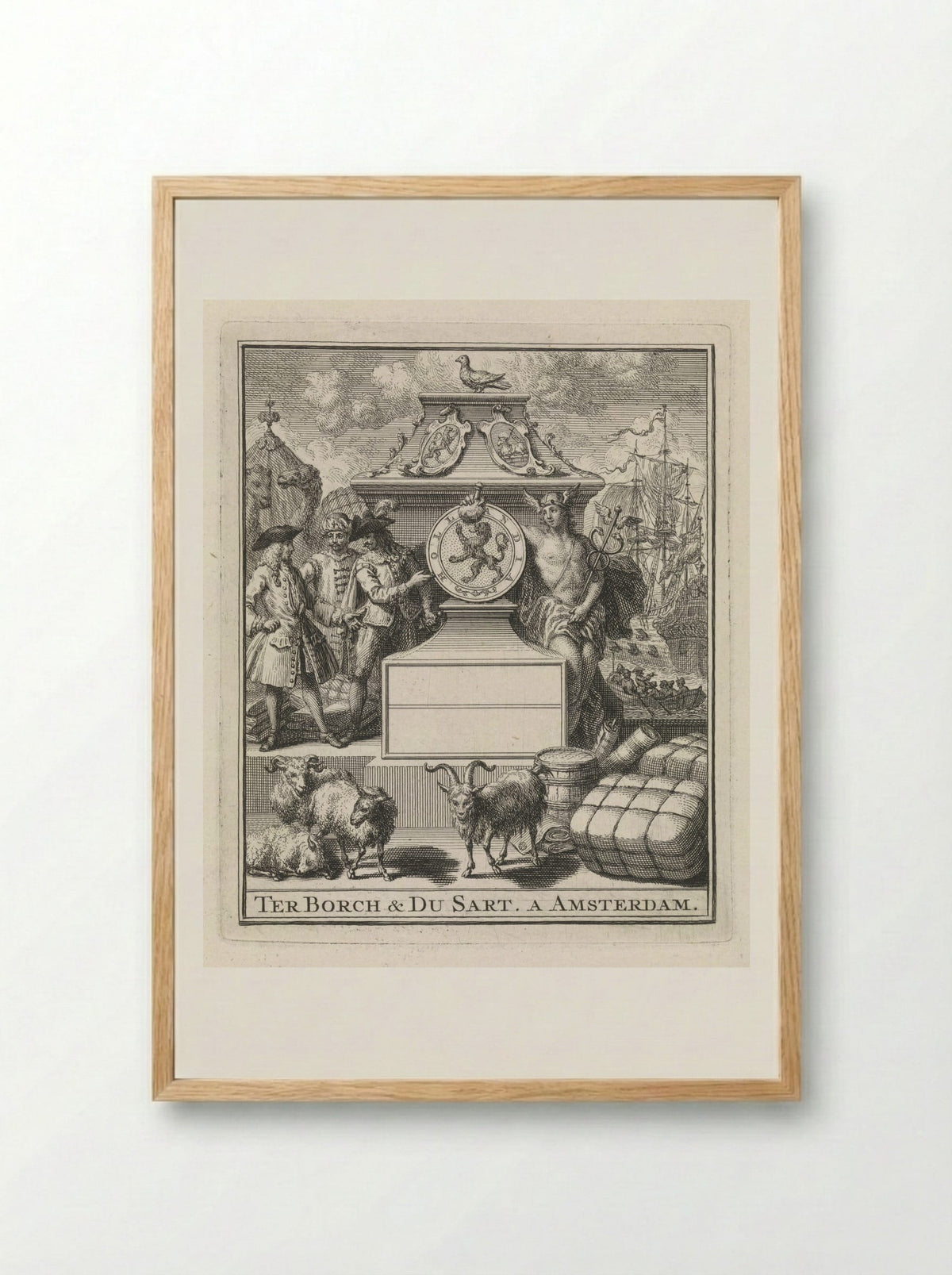 Handelaren en Mercurius naast het wapen van Holland - Pieter Tanjé - Framed Print Wood