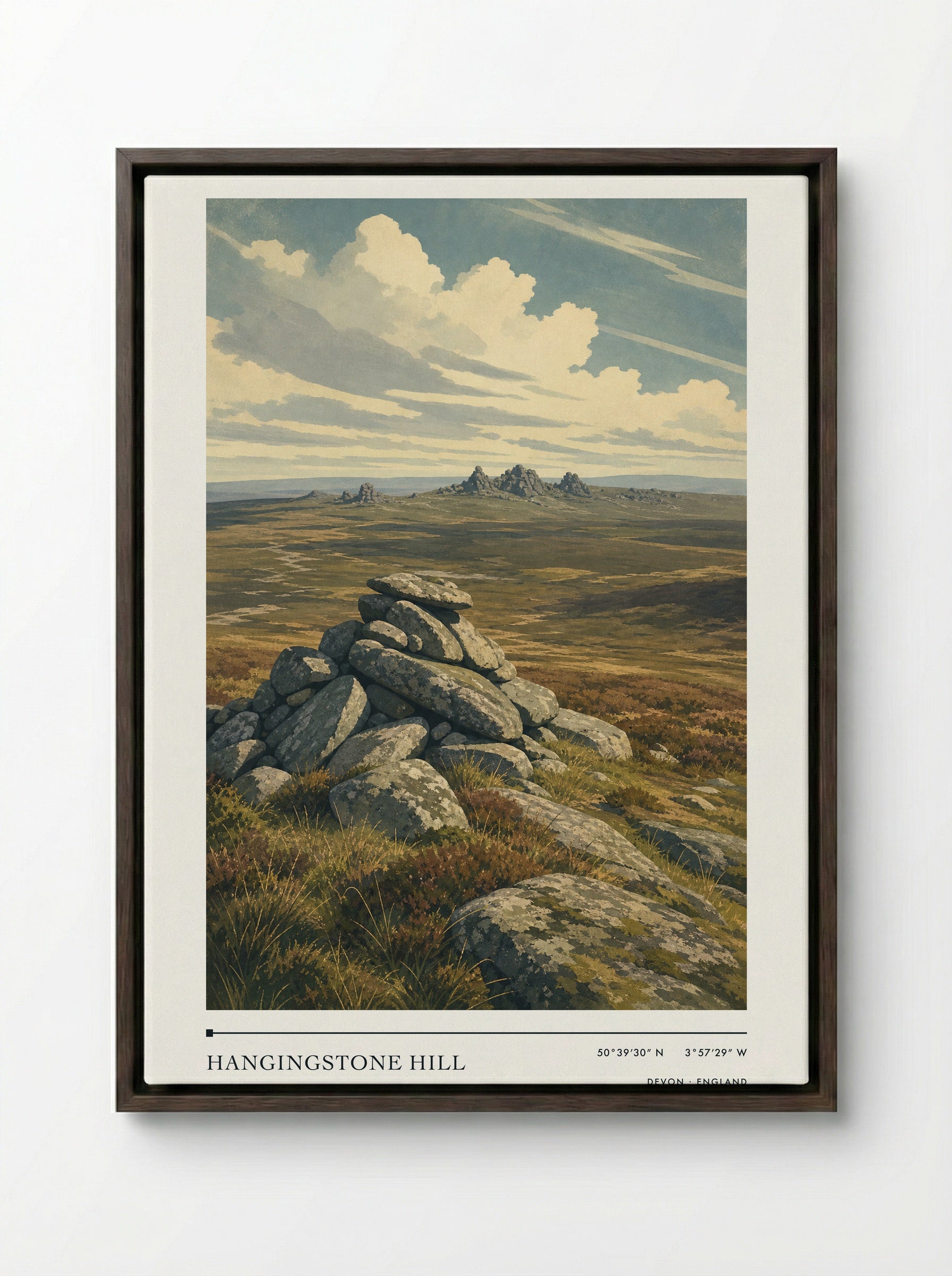Hangingstone Hill Devon England Travel Poster - Framed Canvas Dark Wood