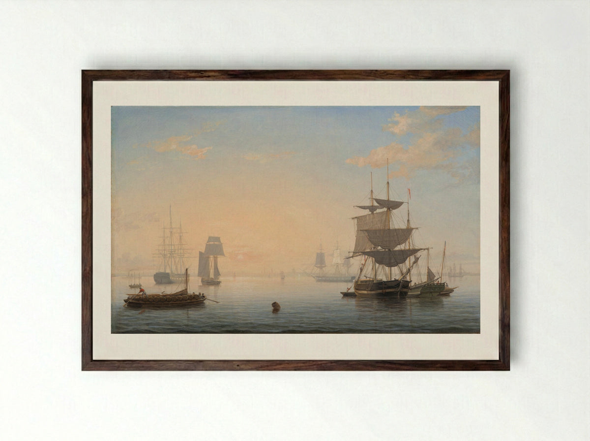 Harbor of Boston, with the City in the Distance - Fitz Henry Lane - Framed Print Dark Wood