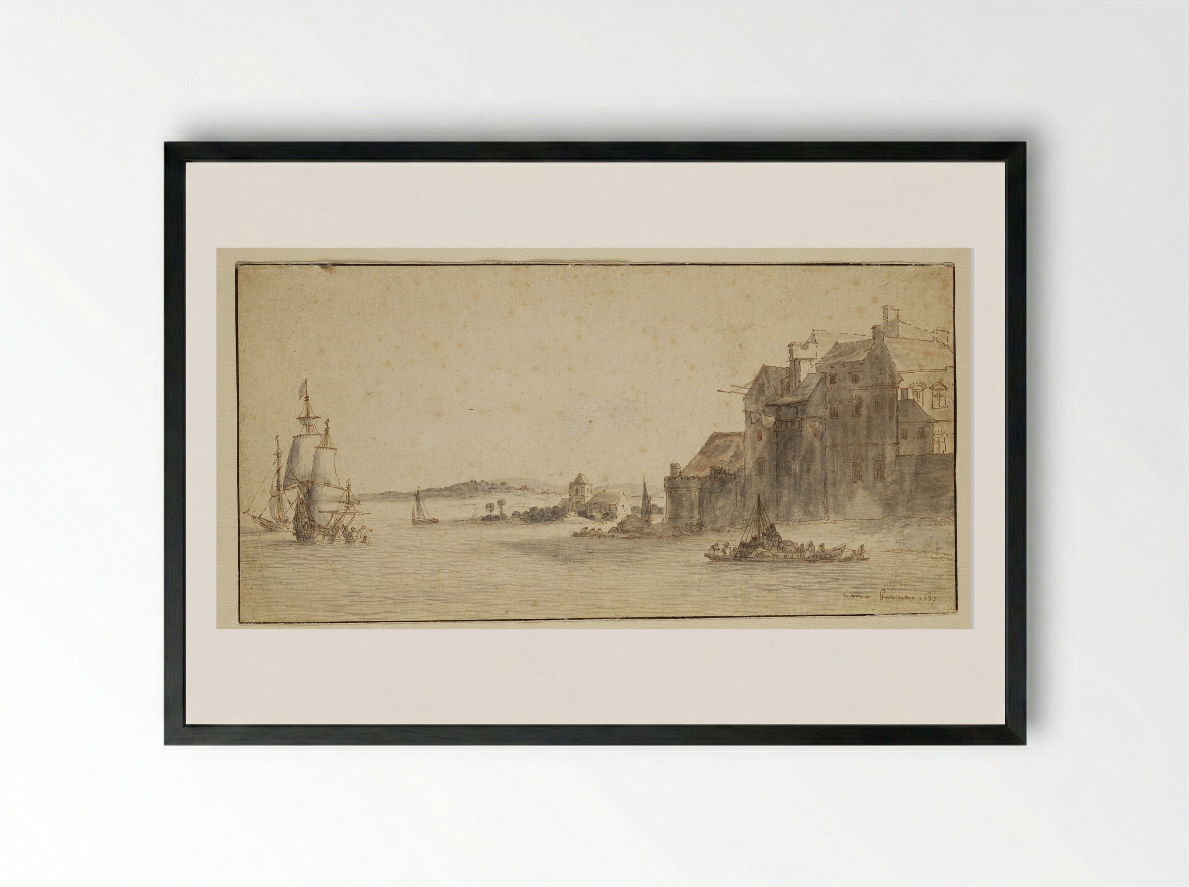 Harbor with Ships Reloading Supplies - Abraham de Verwer - Framed Print Black