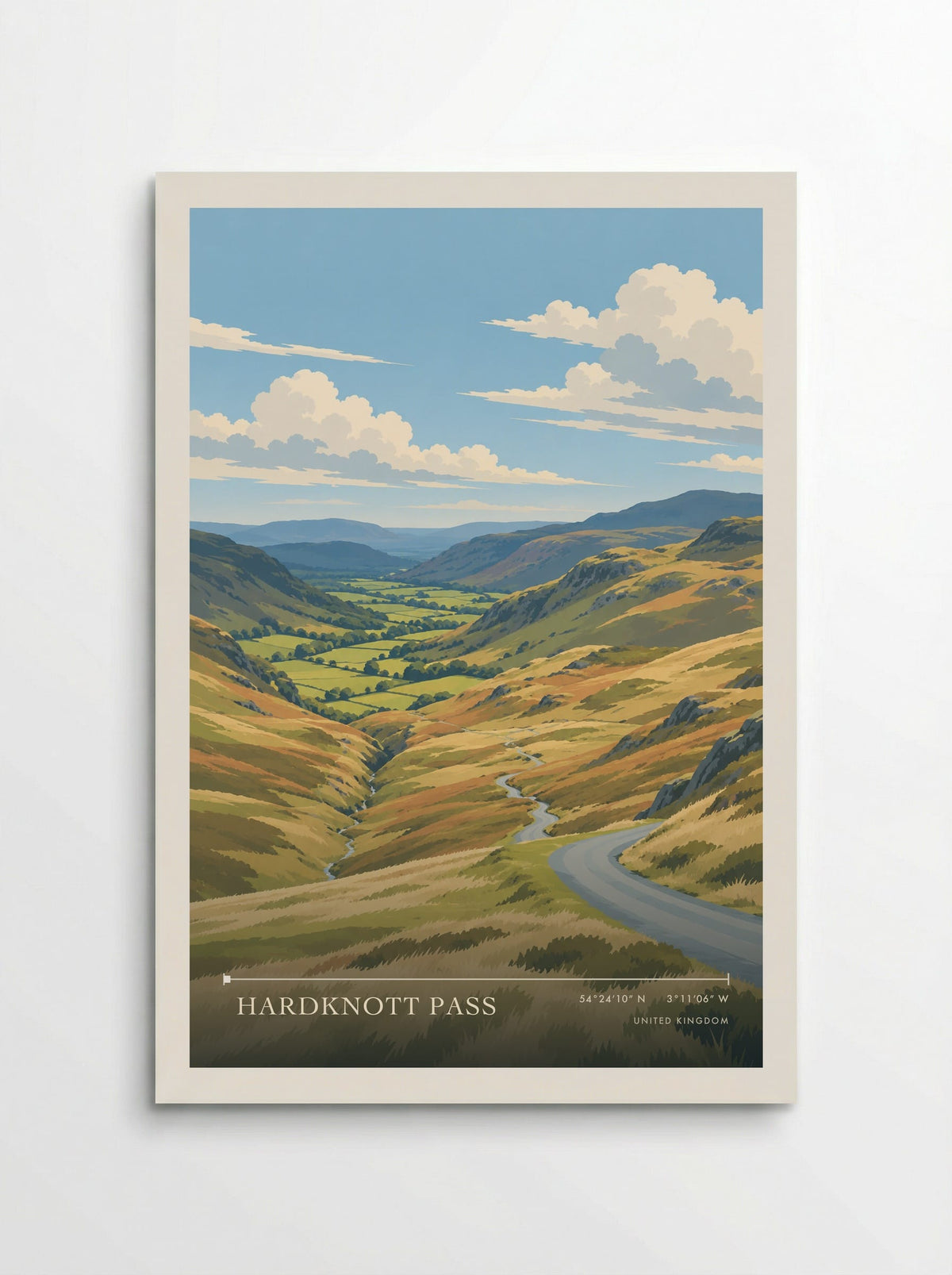 Hardknott Pass travel poster: a winding grey road across gold hillsides, a valley stream and distant green fields beneath summer clouds