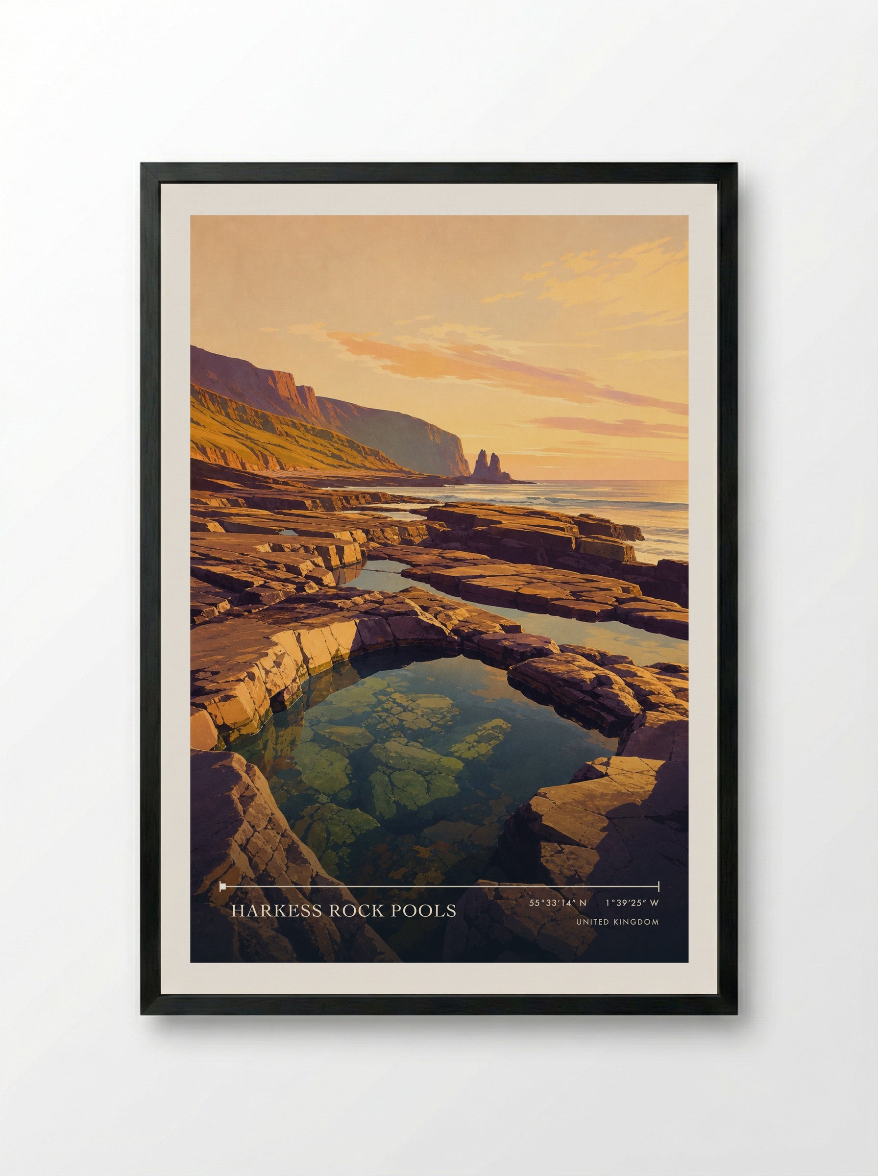 Harkess Rock Pools United Kingdom Travel Poster - Framed Print Black
