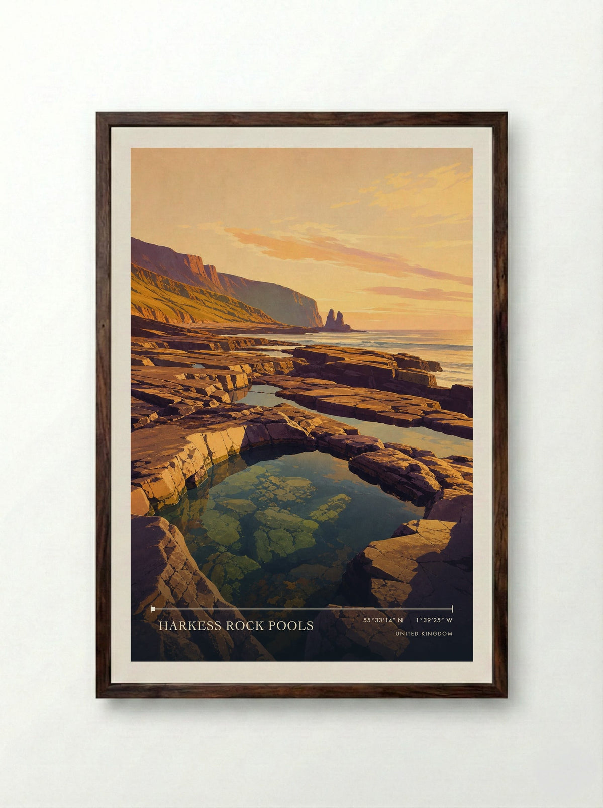 Harkess Rock Pools United Kingdom Travel Poster - Framed Print Dark Wood