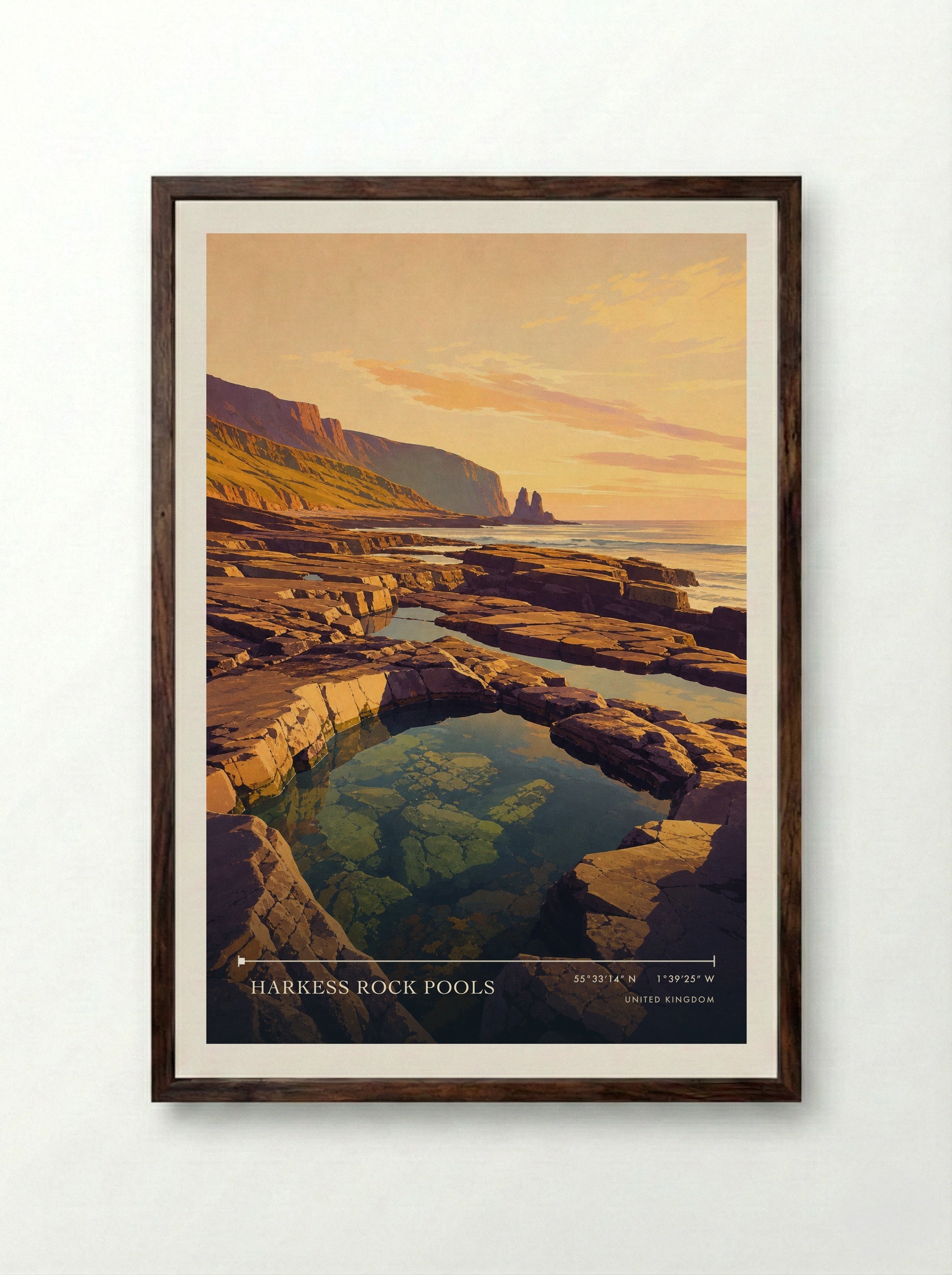 Harkess Rock Pools United Kingdom Travel Poster - Framed Print Dark Wood