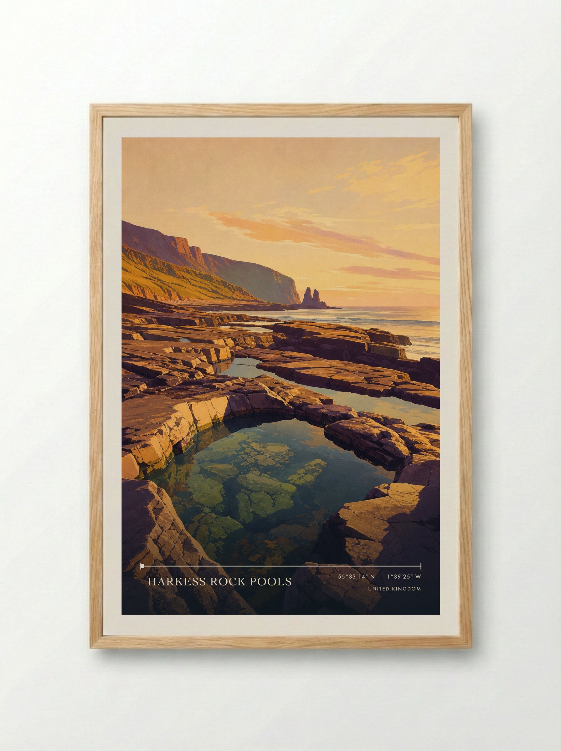 Harkess Rock Pools United Kingdom Travel Poster - Framed Print Wood