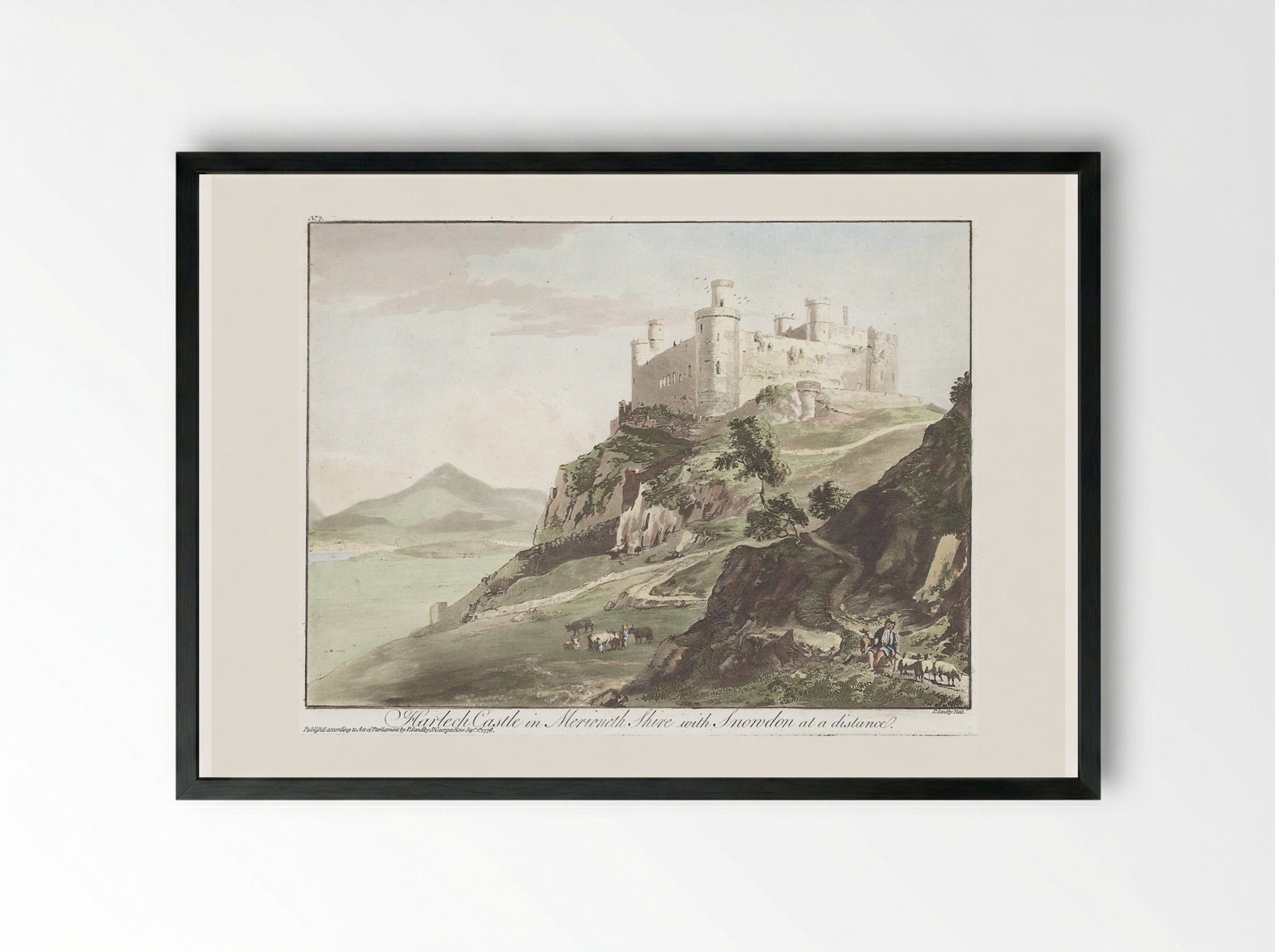 Harlech Castle in Merioneth Shire with Snowdon at a Distance - Paul Sandby - Framed Print Black