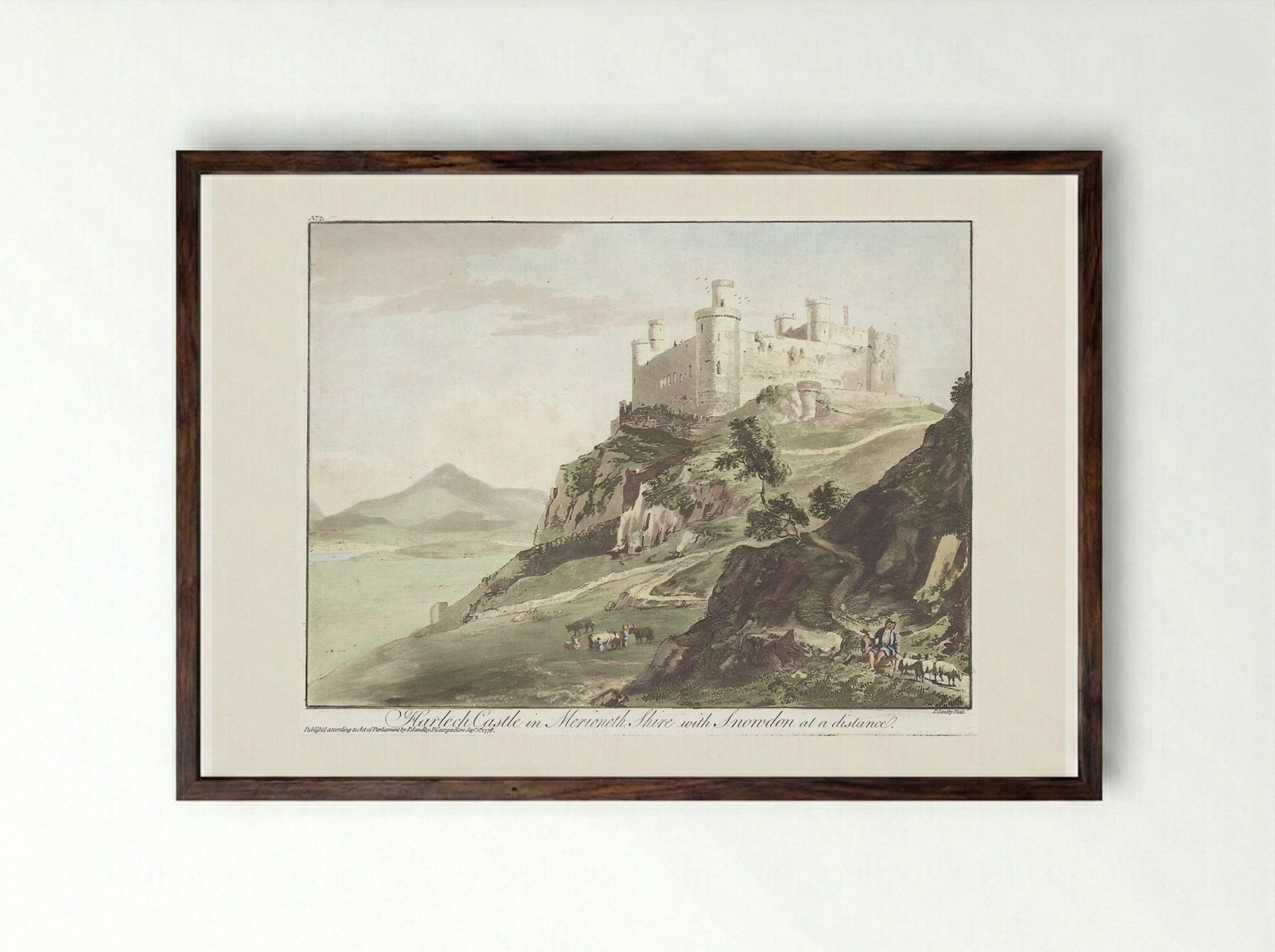 Harlech Castle in Merioneth Shire with Snowdon at a Distance - Paul Sandby - Framed Print Dark Wood